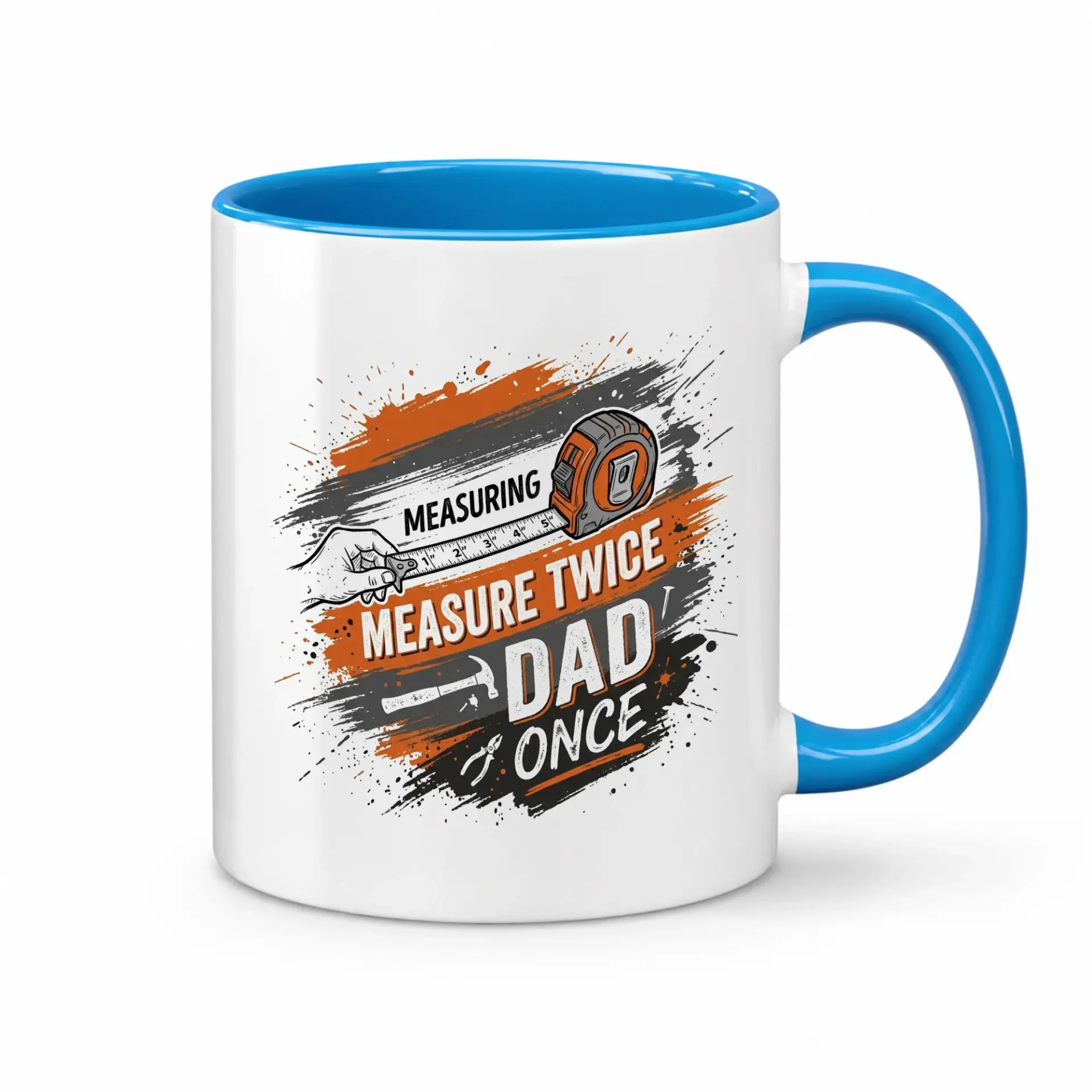 Funny Measuring Theme Ceramic Mug with Blue Handle Durable Coffee Cup for Handyman or Workshop Enthusiast Gift Idea