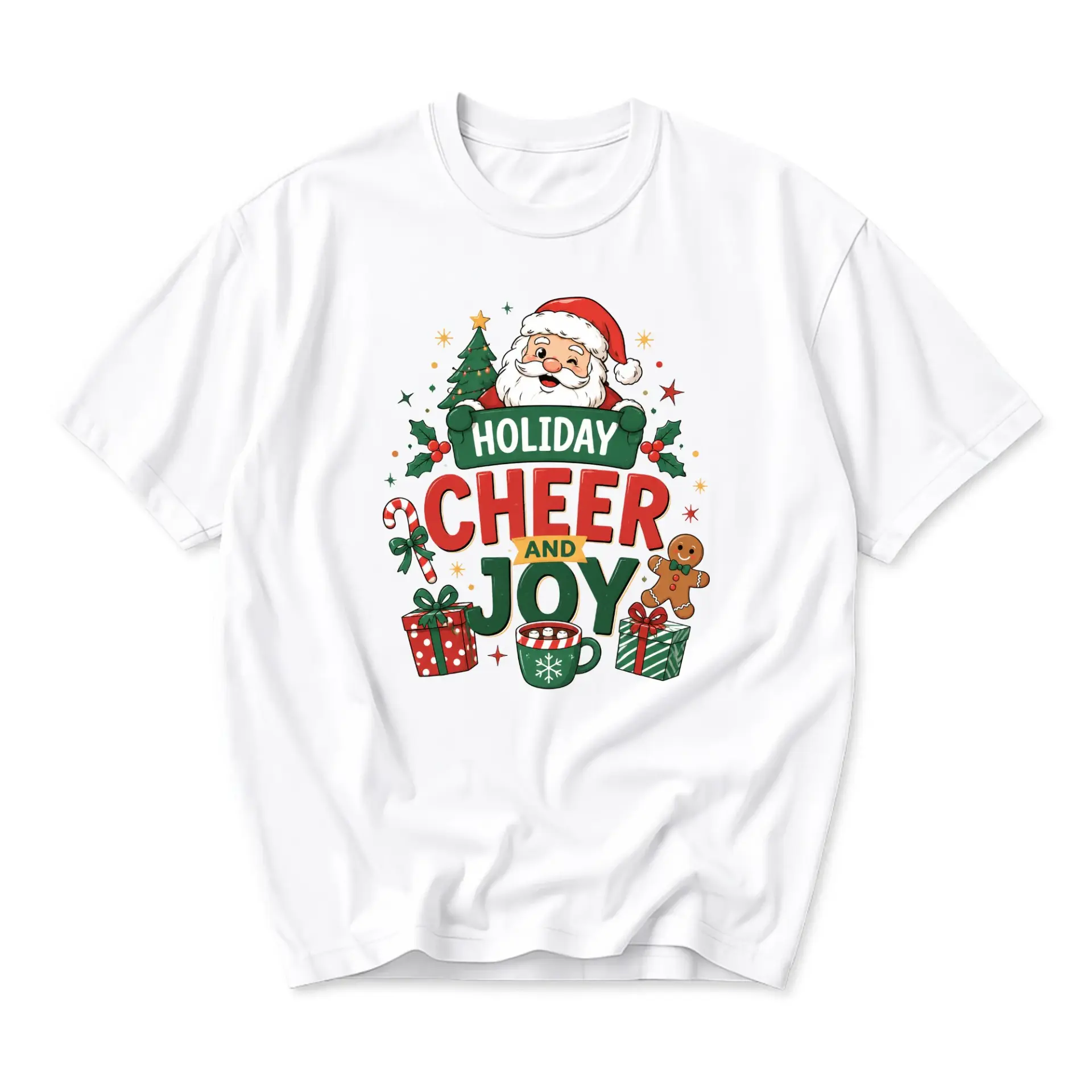 Graphic Tee Holiday Cheer and Joy Santa Claus Design Unisex Casual Crew Neck Comfortable Short Sleeve Cotton Shirt