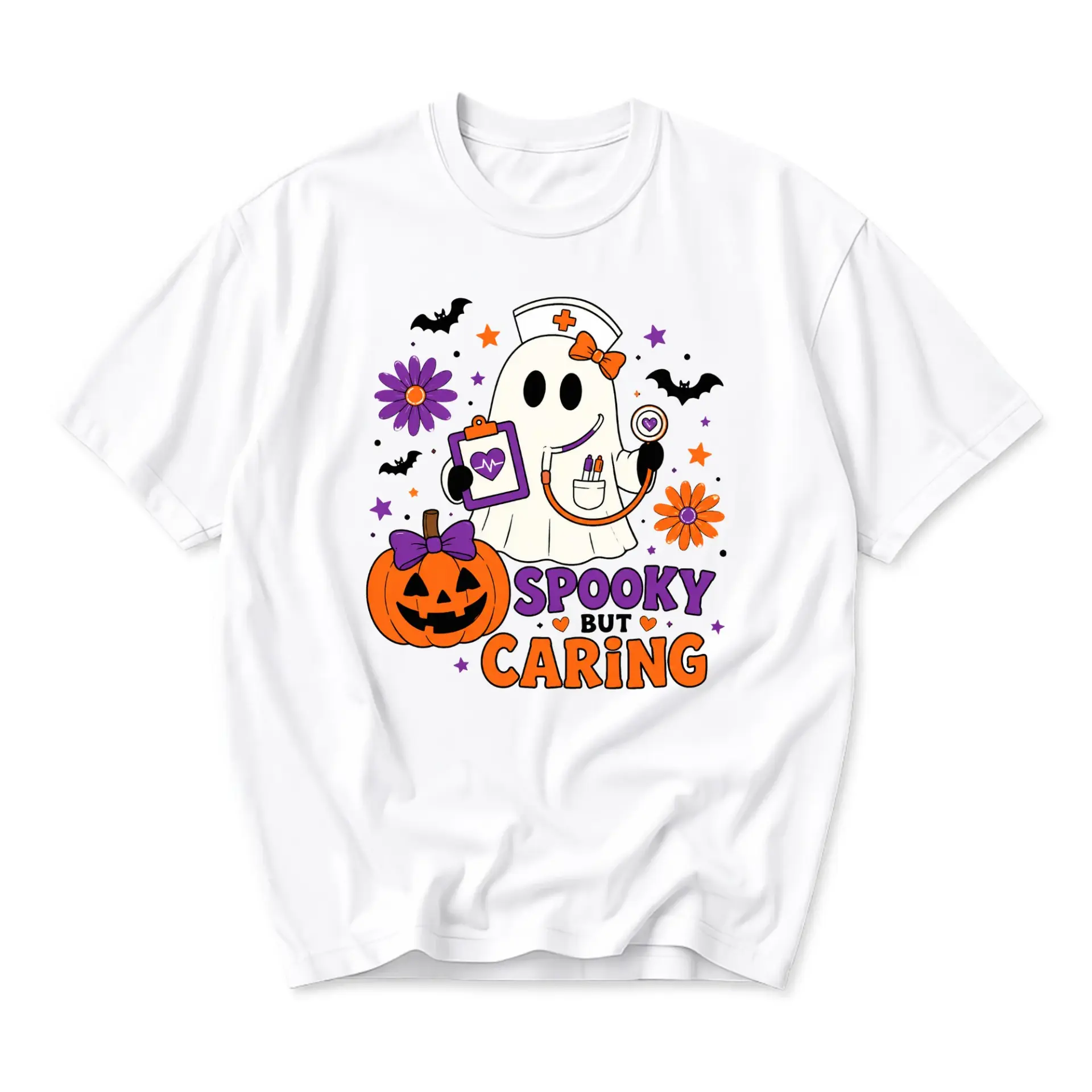 Funny Shirt Spooky but Caring Ghost Nurse Graphic Tee Halloween Medical Professional Unisex Crew Neck Cotton Top