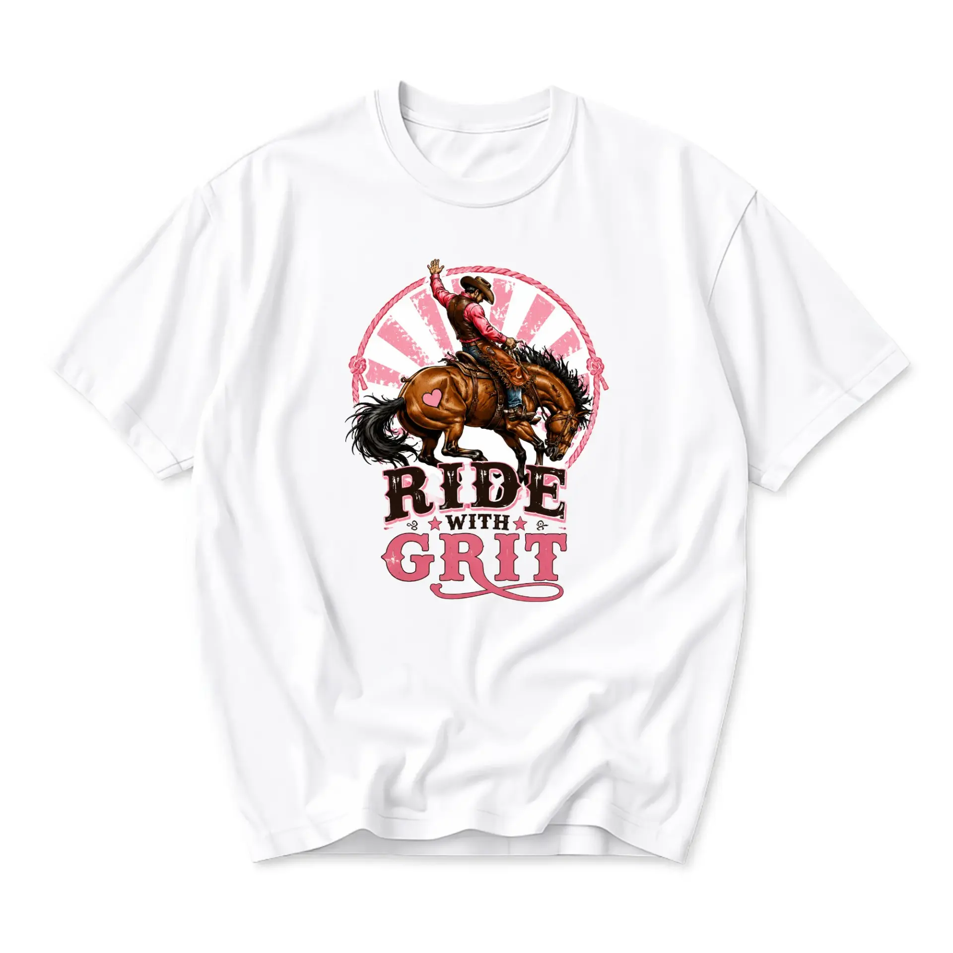 Graphic Tee Ride with Grit Cowboy Western Rodeo Art Unisex Casual Cotton Crew Neck Short Sleeve Top for Everyday Wear
