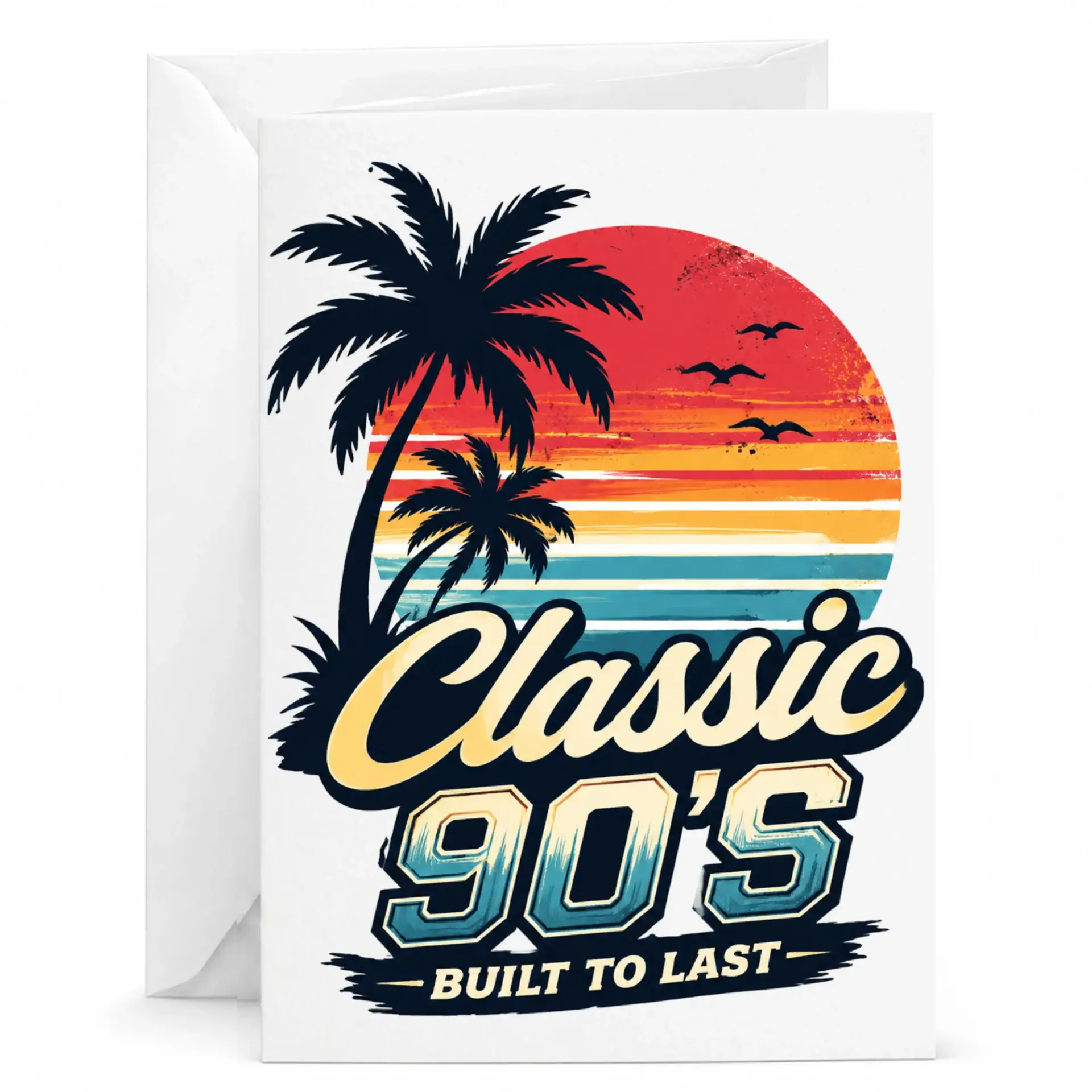 Greeting Card Classic 90s Built to Last Retro Palm Tree Sunset Design Folded Stationery with Matching White Envelope