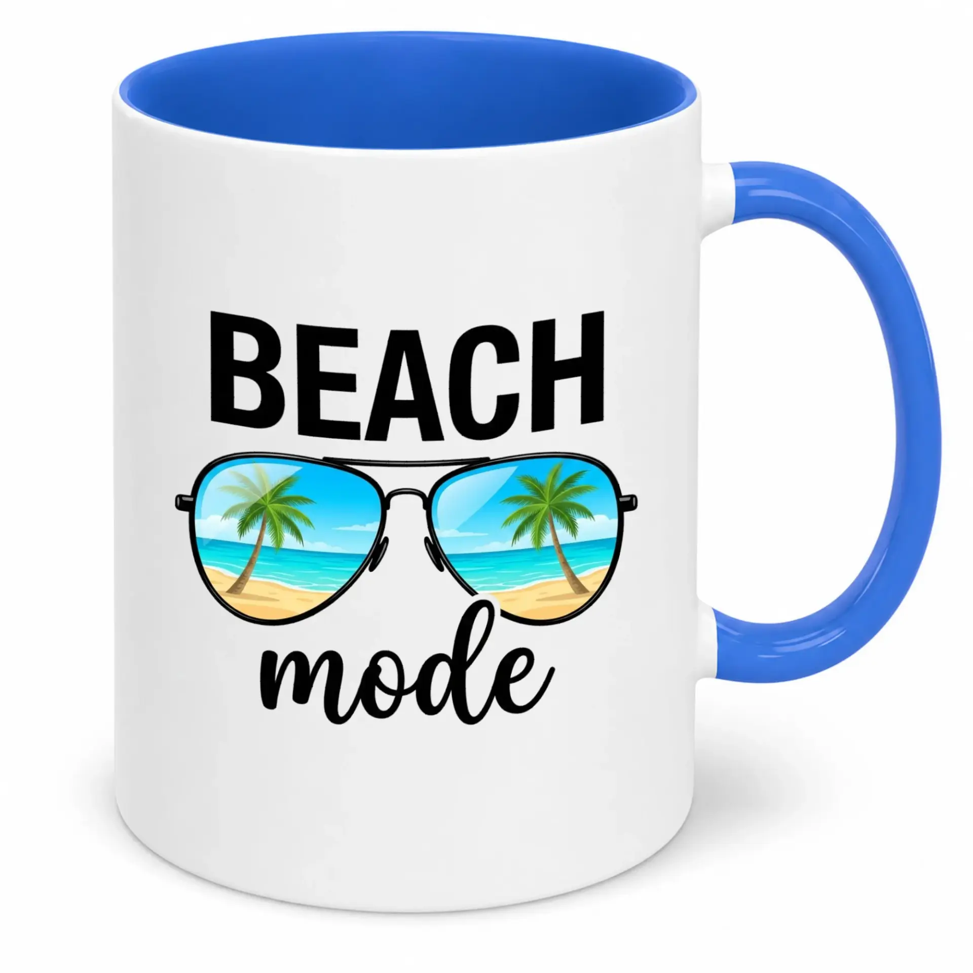 Funny Beach Mode Ceramic Coffee Mug with Sunglasses and Palm Tree Reflection Design, Vacation Themed Drinkware Gift for Summer Enthusiasts