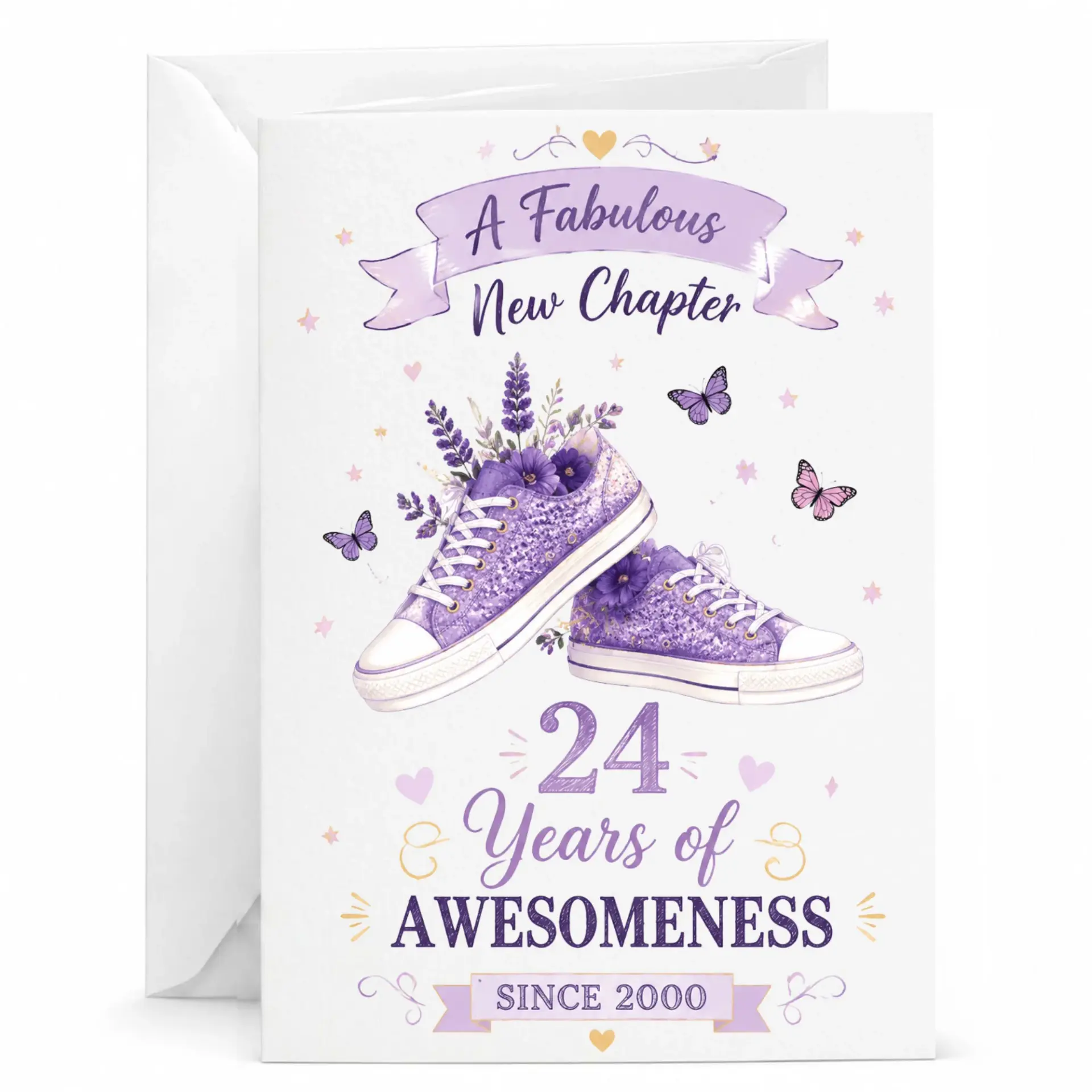 Birthday Card for 24th Birthday, Fabulous New Chapter Purple Floral Sneaker Design with Glittery Text for Milestone Age