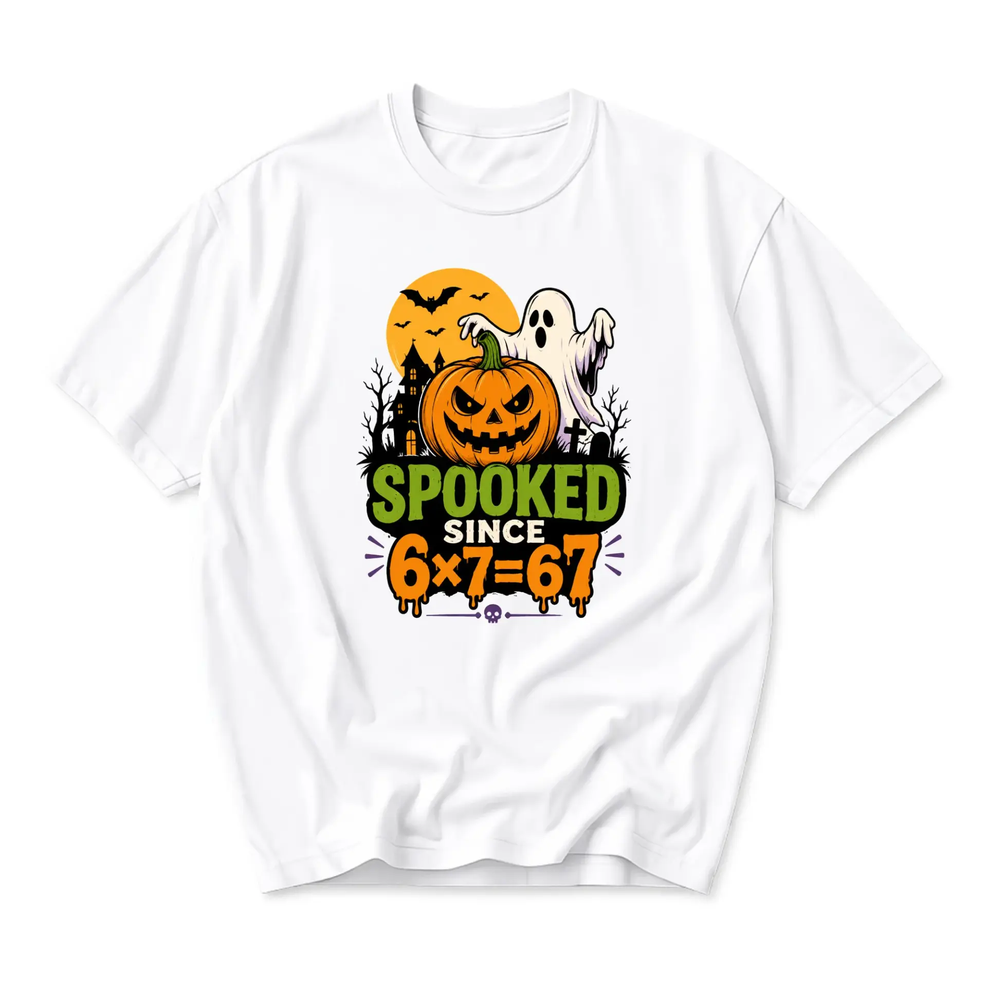 Funny Shirt Spooked Since 6x7 Equals 67 Graphic Tee Retro Halloween Pumpkin Ghost Unisex Cotton Crew Neck Apparel