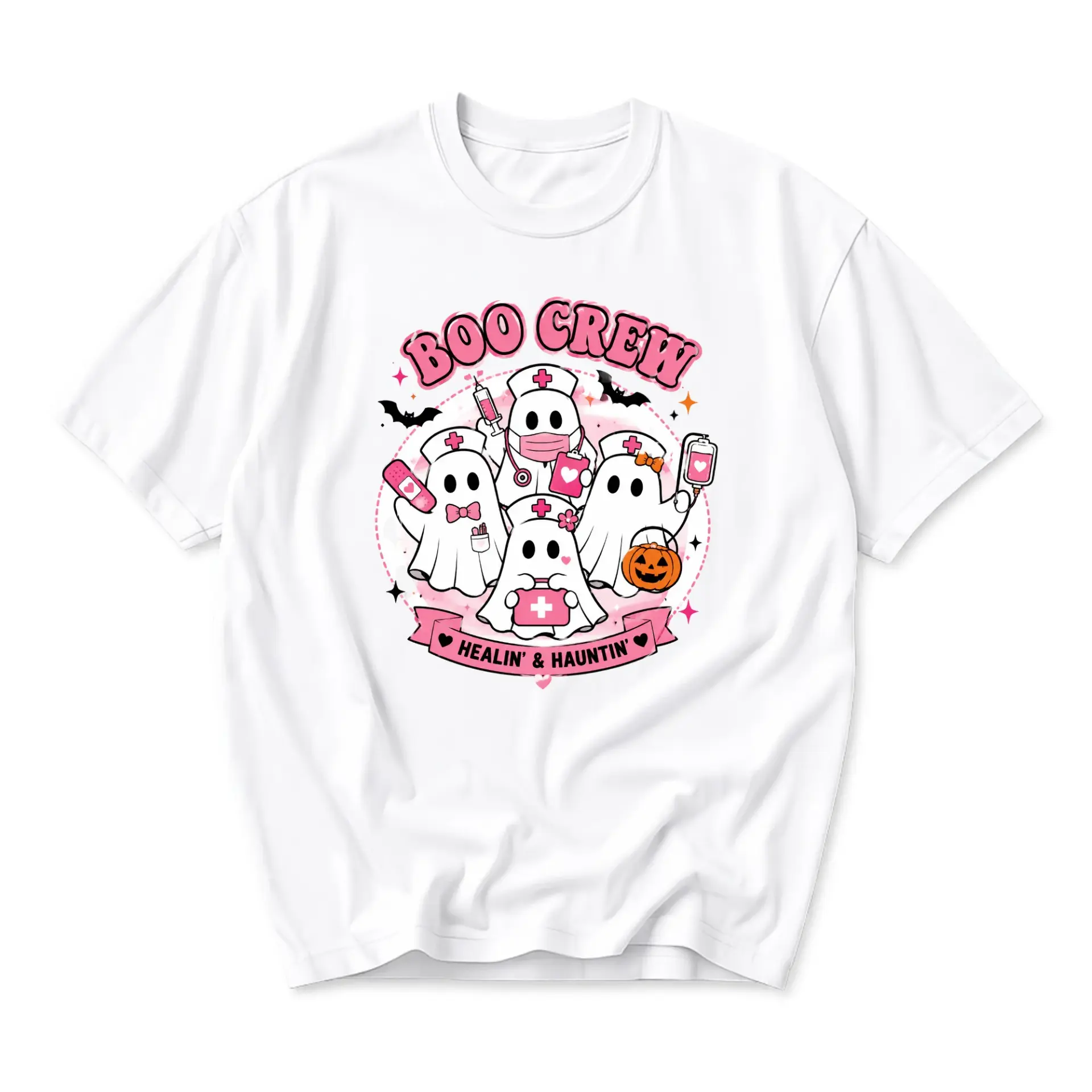 Graphic Tee Boo Crew Healin and Hauntin Ghost Nurse Halloween Shirt Unisex Casual Crew Neck Comfortable Apparel