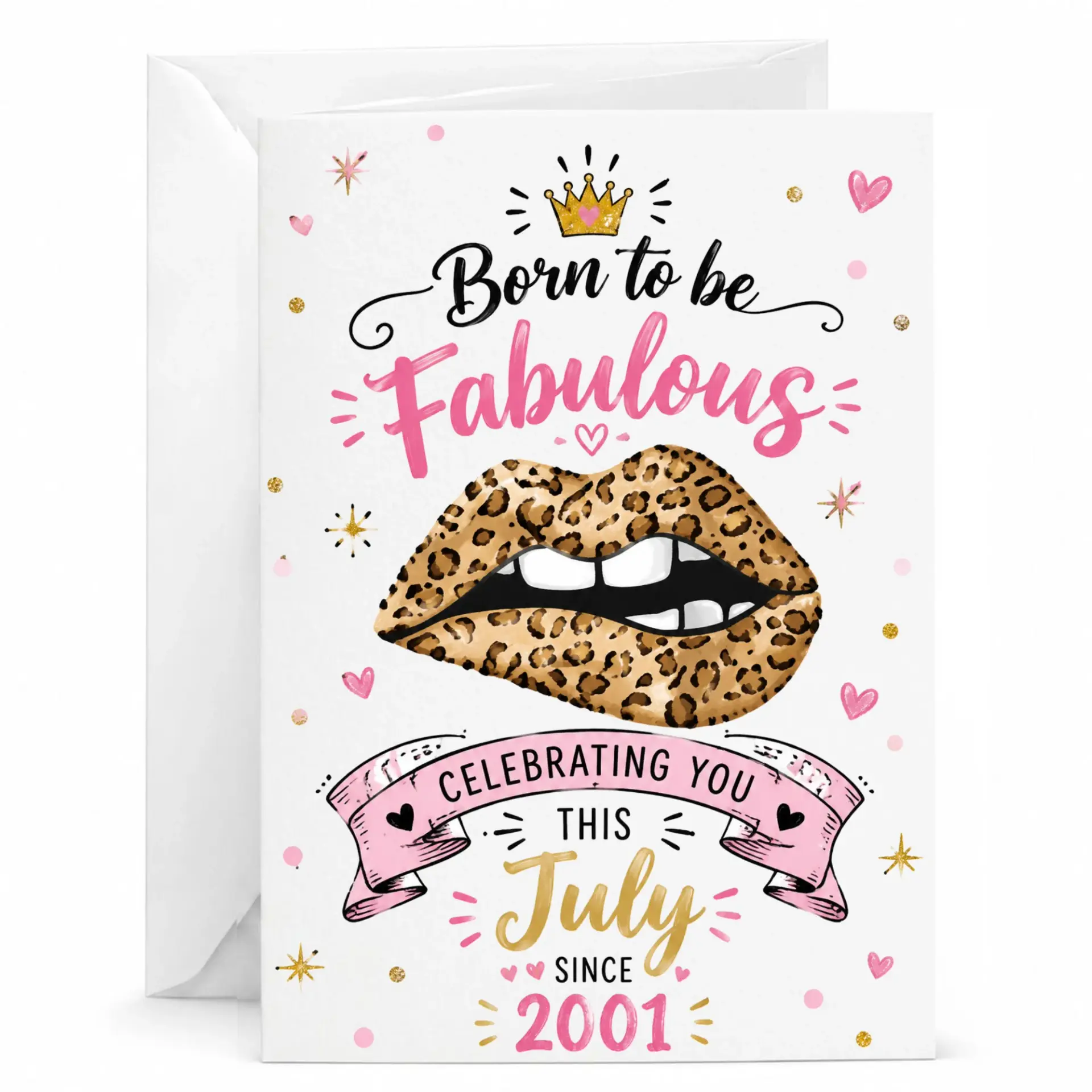 Birthday Card Born to Be Fabulous Leopard Print Lips Design Decorative Greeting Card for Women Born in July 2001