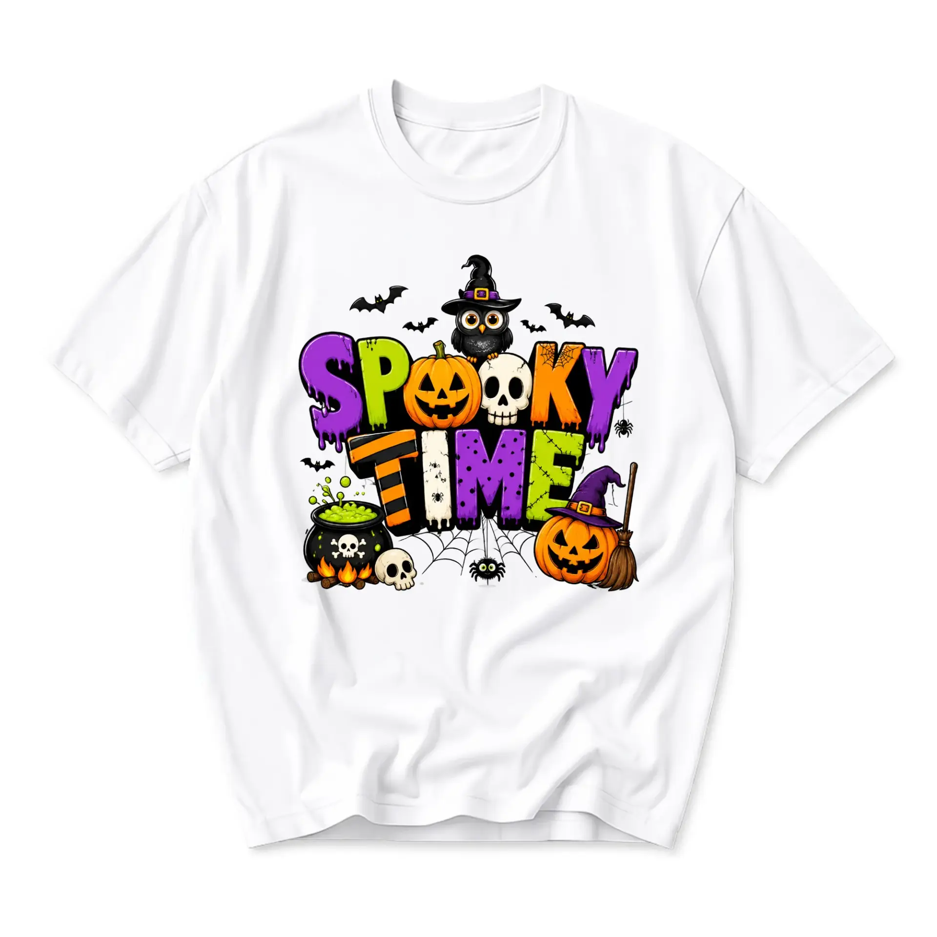 Funny Shirt Spooky Time Halloween Graphic Tee Unisex Crew Neck Short Sleeve Casual Cotton Blend Holiday Apparel