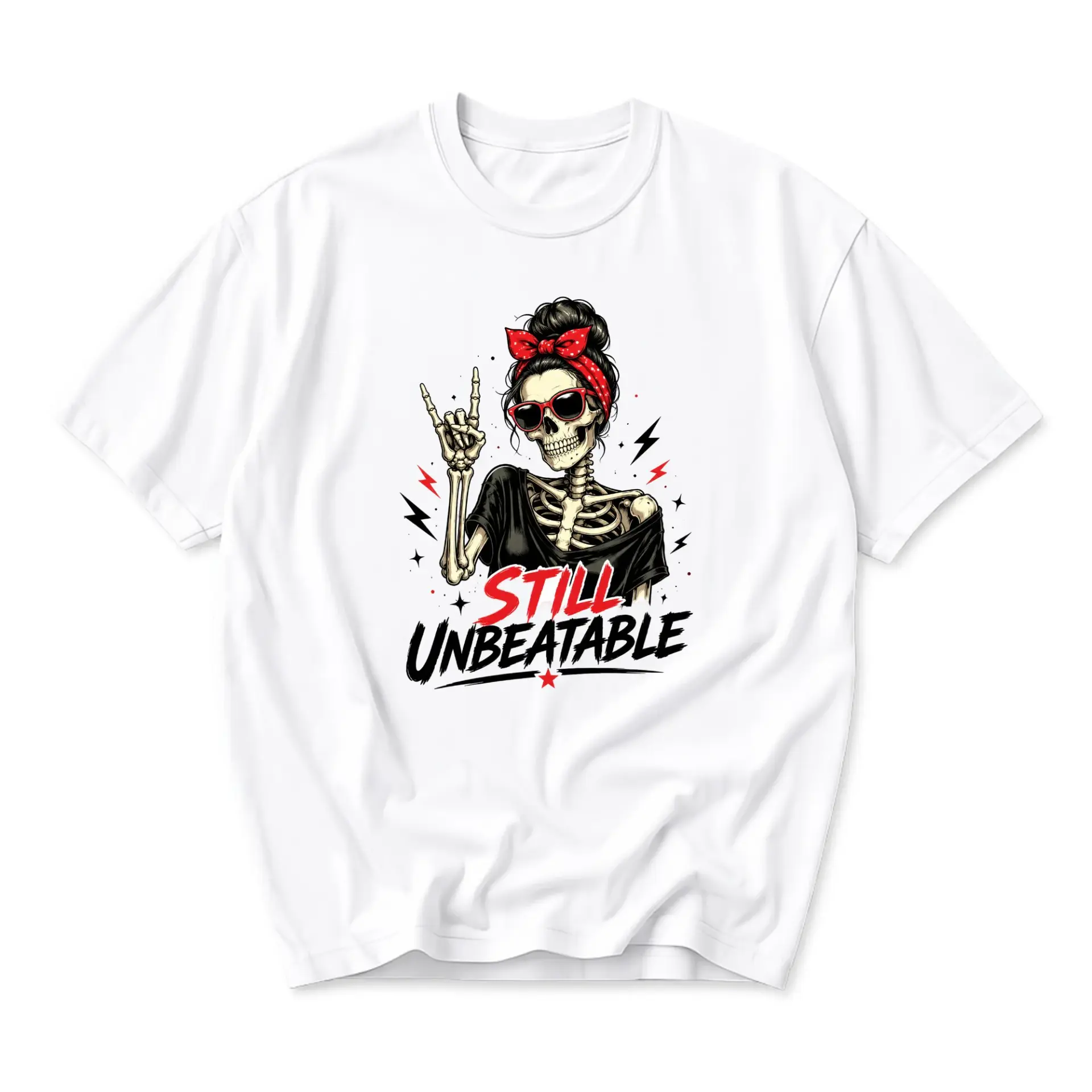 Graphic Tee Still Unbeatable Skeleton Rocker Design Unisex Cotton Crew Neck Casual Short Sleeve Everyday Shirt Top