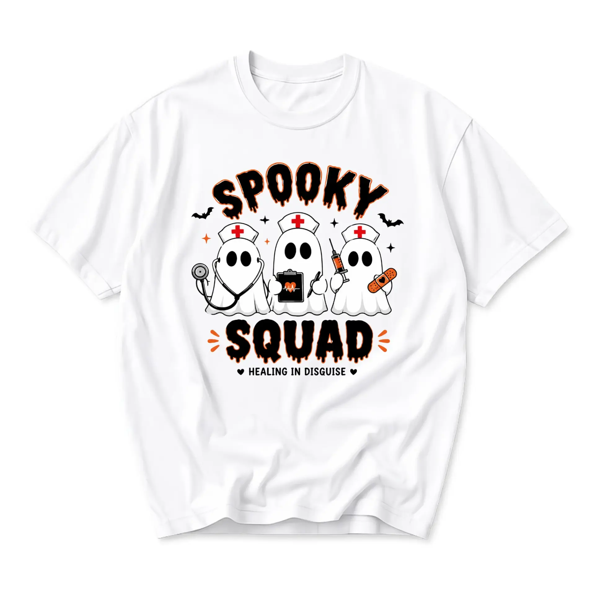 Funny Shirt Spooky Squad Ghost Nurse Graphic Tee Halloween Medical Professional Gift Unisex Crew Neck Casual Cotton Top