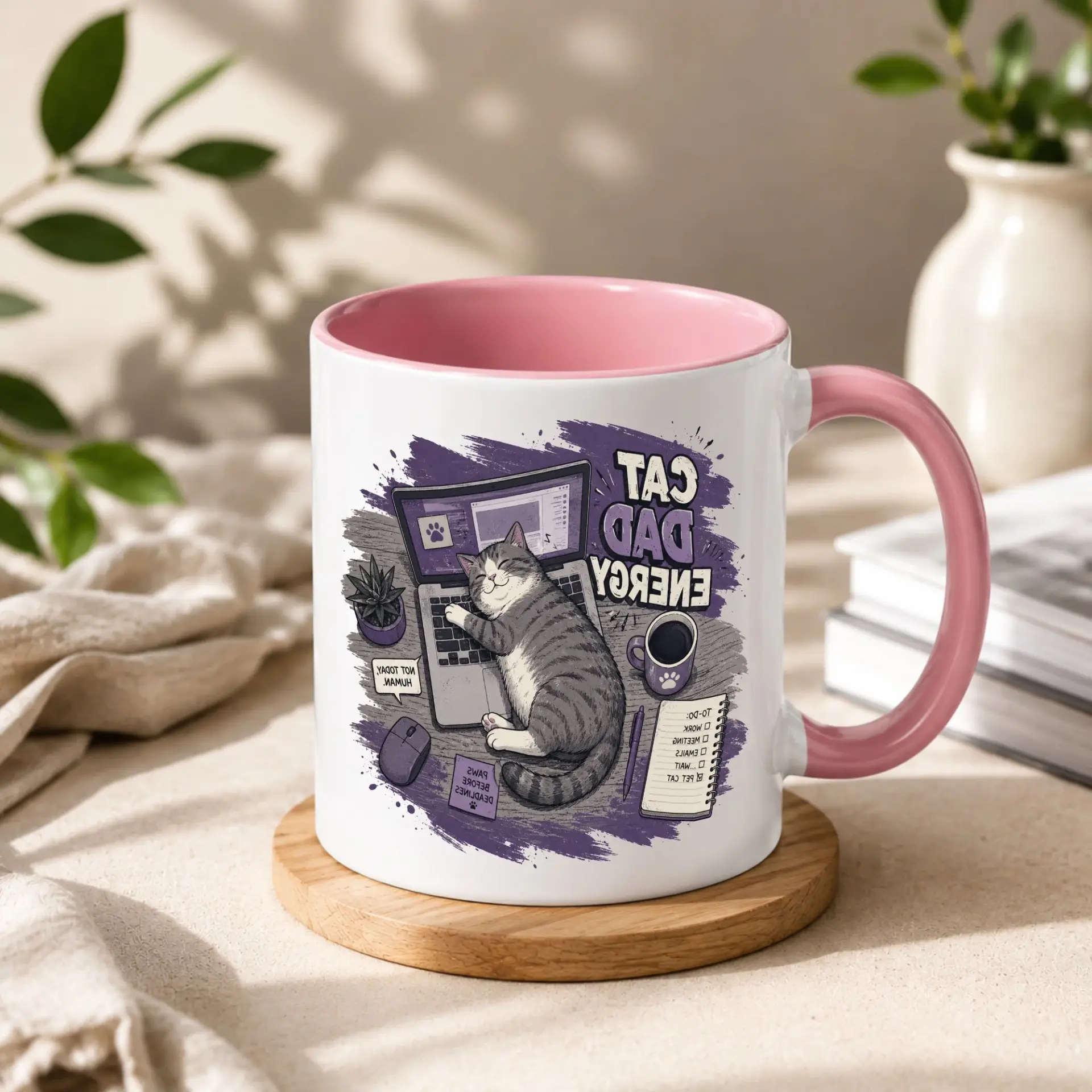 Funny Cat Dad Energy Coffee Mug for Office Enthusiasts Featuring Relaxing Pet Illustration on a Ceramic Cup Drinkware