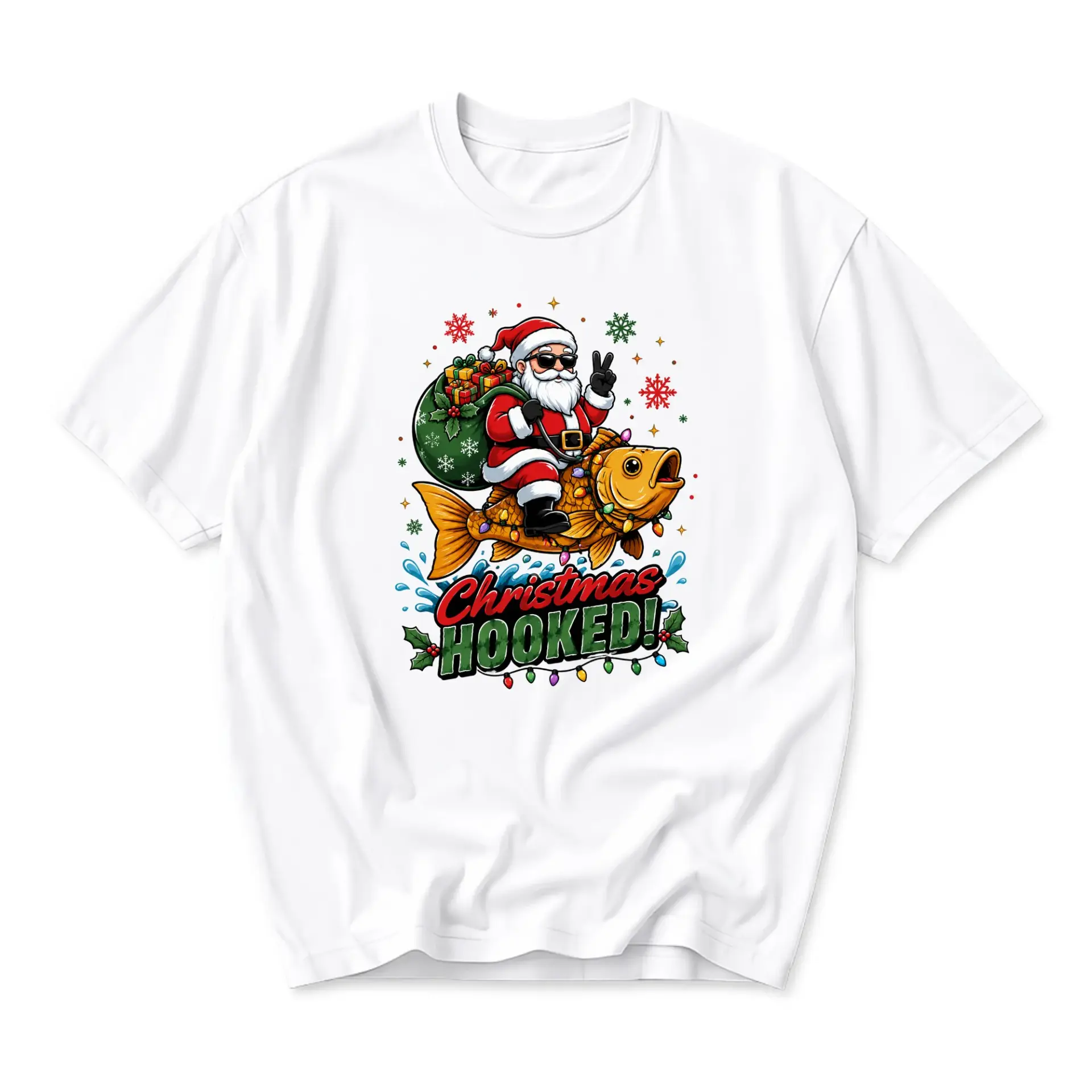 Graphic Tee Christmas Santa Riding a Fish Holiday Season Unisex Short Sleeve Casual Crew Neck Apparel White