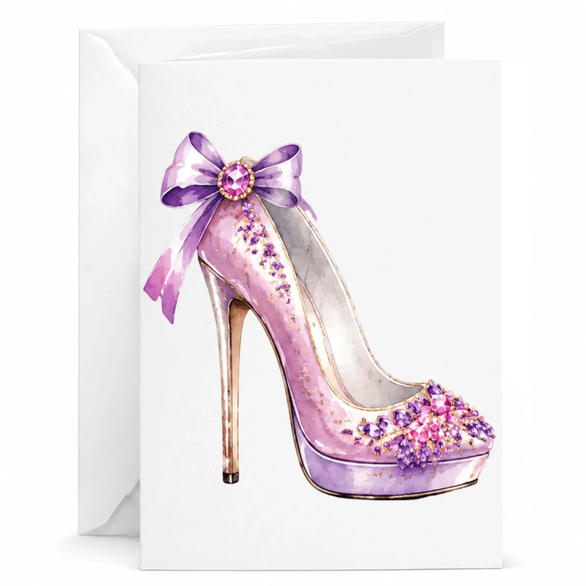 Greeting Card Featuring Elegant Watercolor Purple High Heel Shoe Illustration with Decorative Bow and Gems