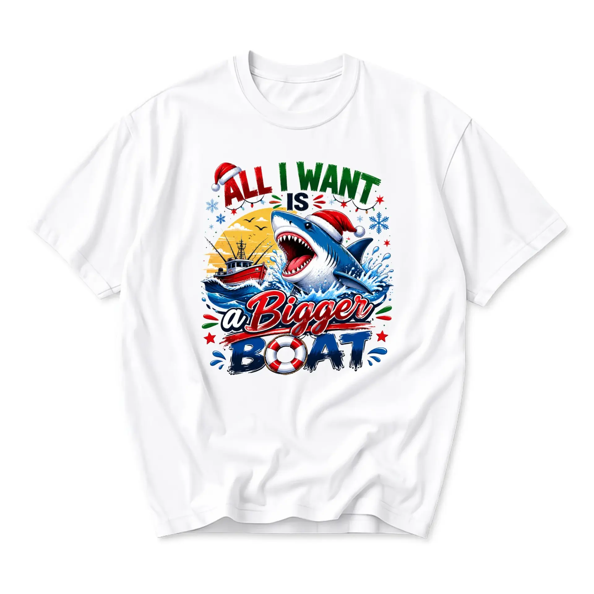 Funny Shirt All I Want Is a Bigger Boat Graphic Tee Holiday Shark Unisex