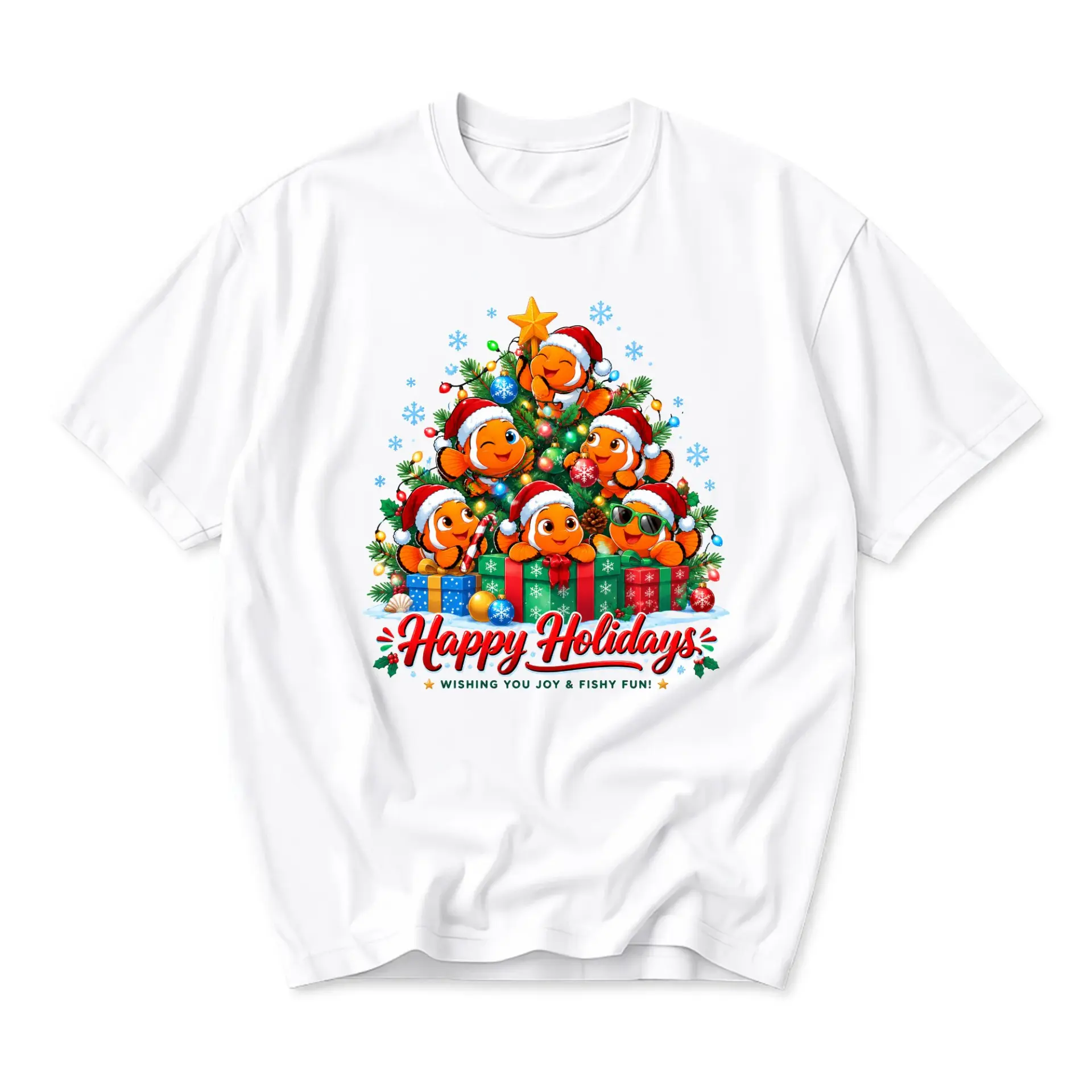 Graphic Tee Happy Holidays Fishy Fun T-Shirt Unisex Casual Everyday Shirt Christmas Clownfish Holiday Apparel White
