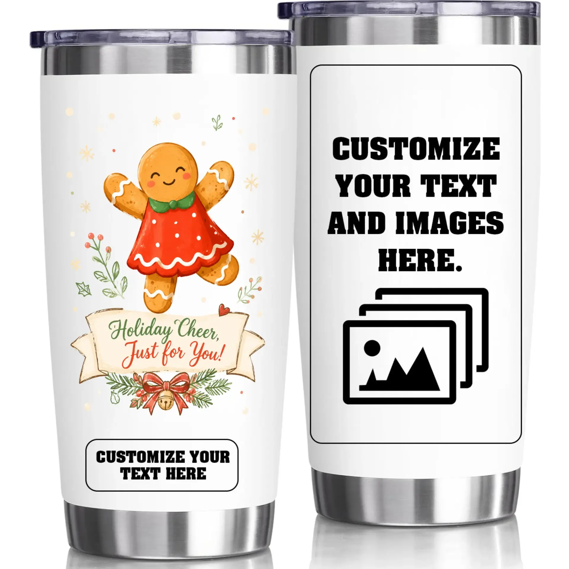 Stainless Steel Tumbler 20 Oz Custom Holiday Gingerbread Theme Insulated Travel Cup with Sliding Lid for Hot Cold Drinks