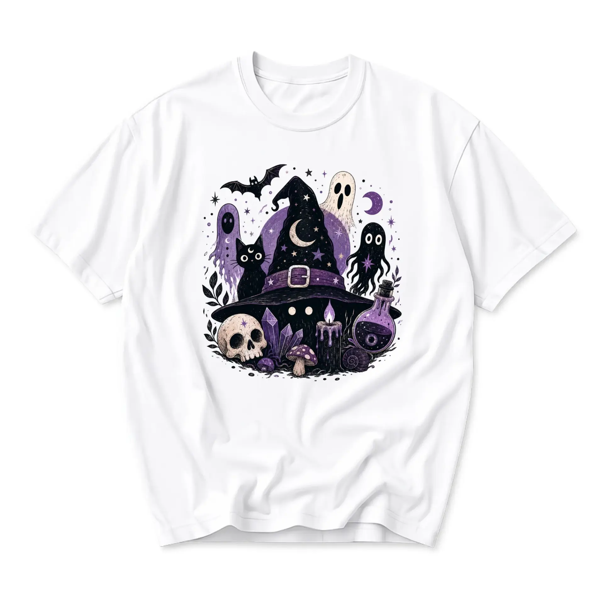 Graphic Tee Witchy Aesthetic Mystical Elements Illustration Unisex Crew Neck Short Sleeve Casual Cotton Shirt White