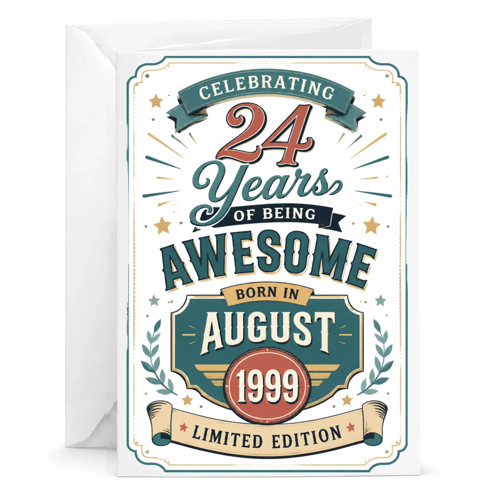 Birthday Card Celebrating 24 Years of Being Awesome Born in August 1999 Limited Edition Vintage Style Greeting Card