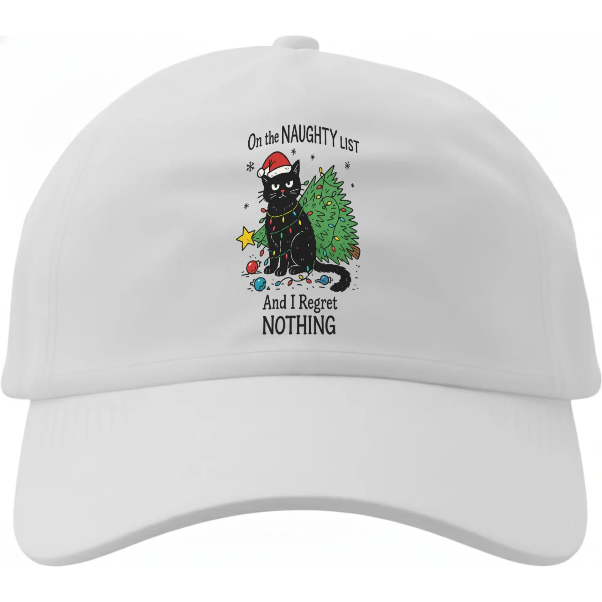 Baseball Cap for Christmas Lovers Featuring a Funny Black Cat Design in a Festive Holiday Style White Dad Hat