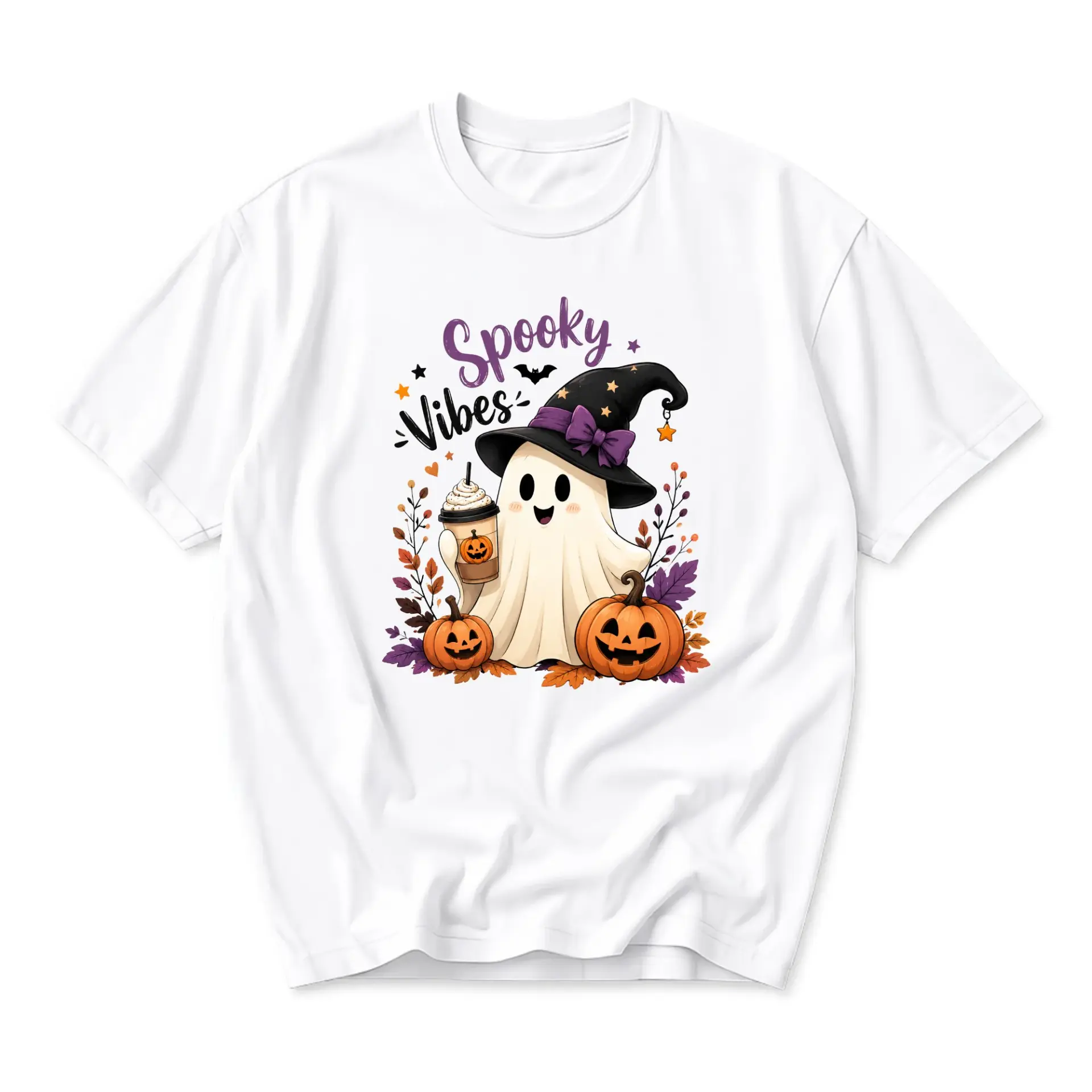 Graphic Tee Spooky Vibes Ghost with Witch Hat and Pumpkin Coffee Design Unisex Short Sleeve Crew Neck Casual Shirt