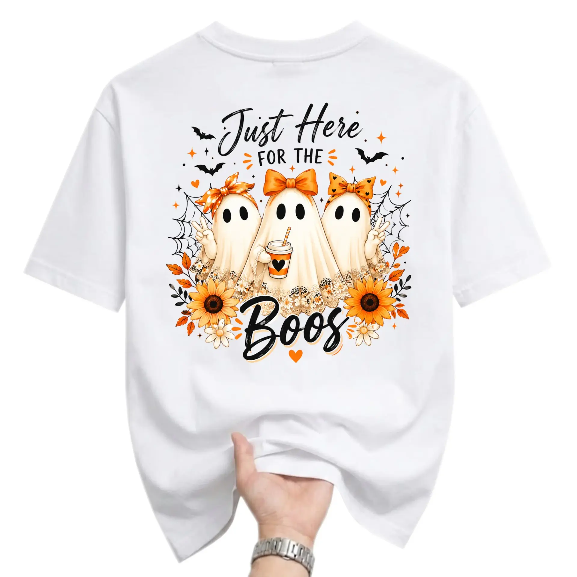 Funny Shirt Just Here for the Boos Graphic Tee Featuring Cute Ghosts and Autumn Fall Sunflowers Unisex Crew Neck Top