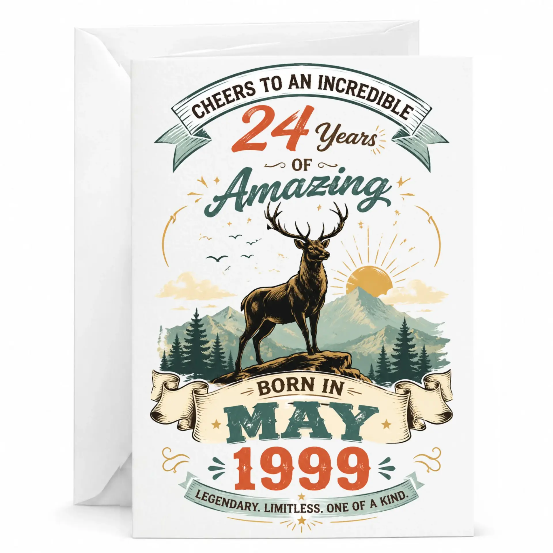 Birthday Card 24th Birthday Vintage Style Deer Mountain Illustration Professionally Printed Greeting Card with Envelope