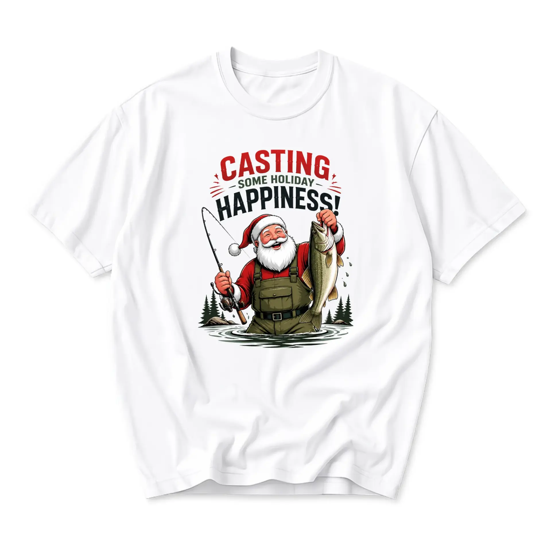 Graphic Tee Casting Some Holiday Happiness Santa Fishing Unisex Crew Neck
