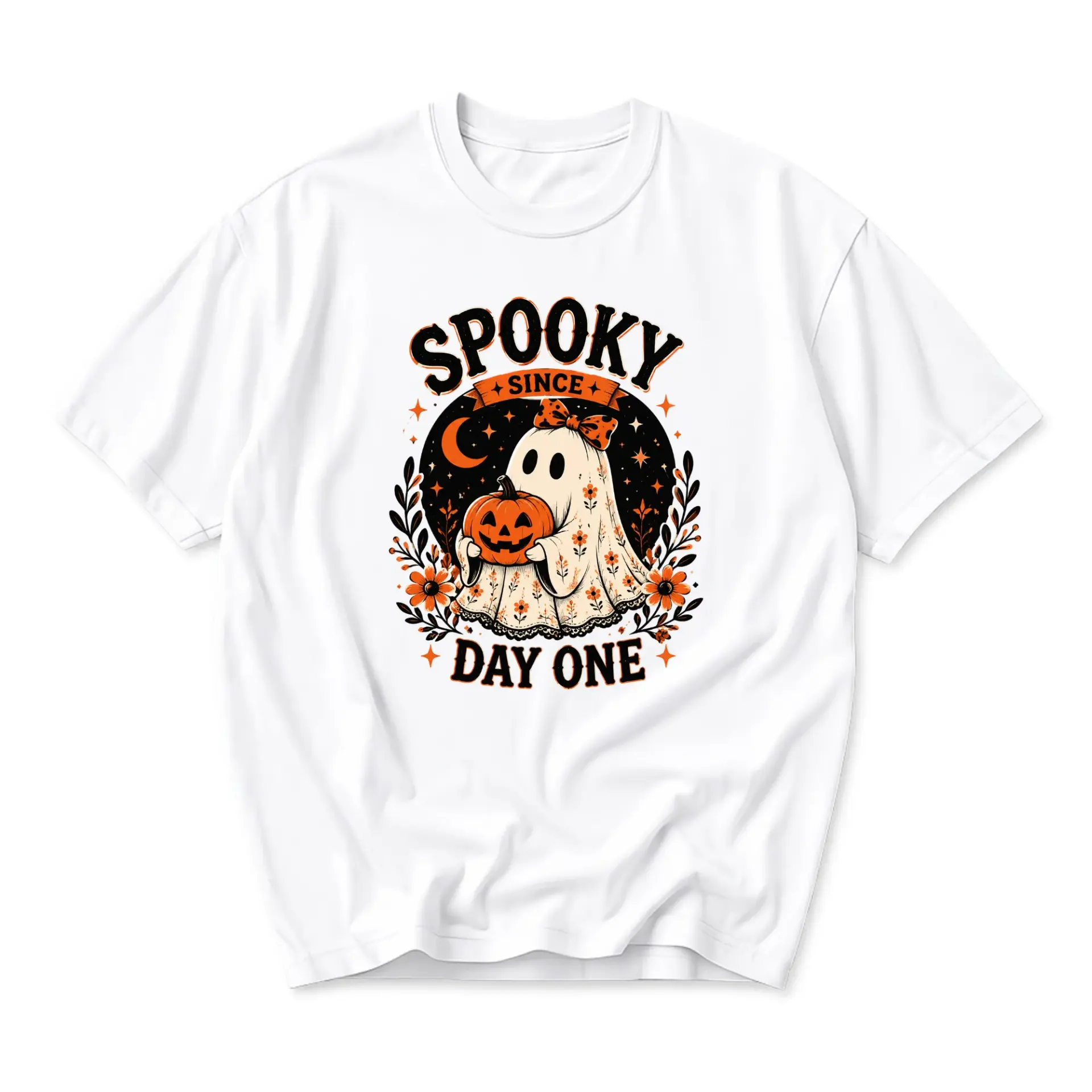 Graphic Tee Spooky Since Day One Ghost Pumpkin Floral Print Unisex Casual Crew Neck Comfortable Cotton Shirt