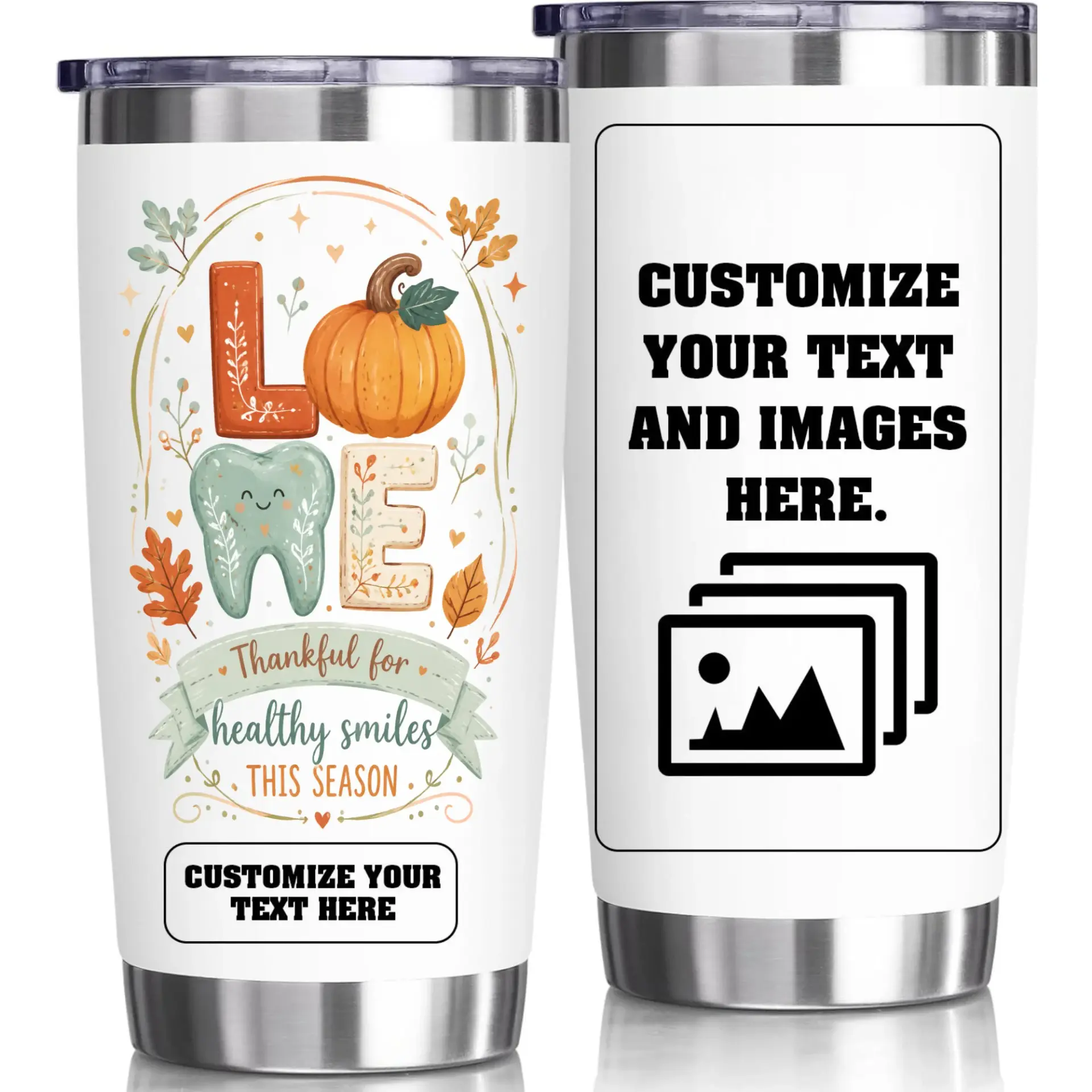 Stainless Steel Tumbler Fall Dental Theme 20oz Insulated Cup Custom Personalized Seasonal Beverage Container Travel Mug