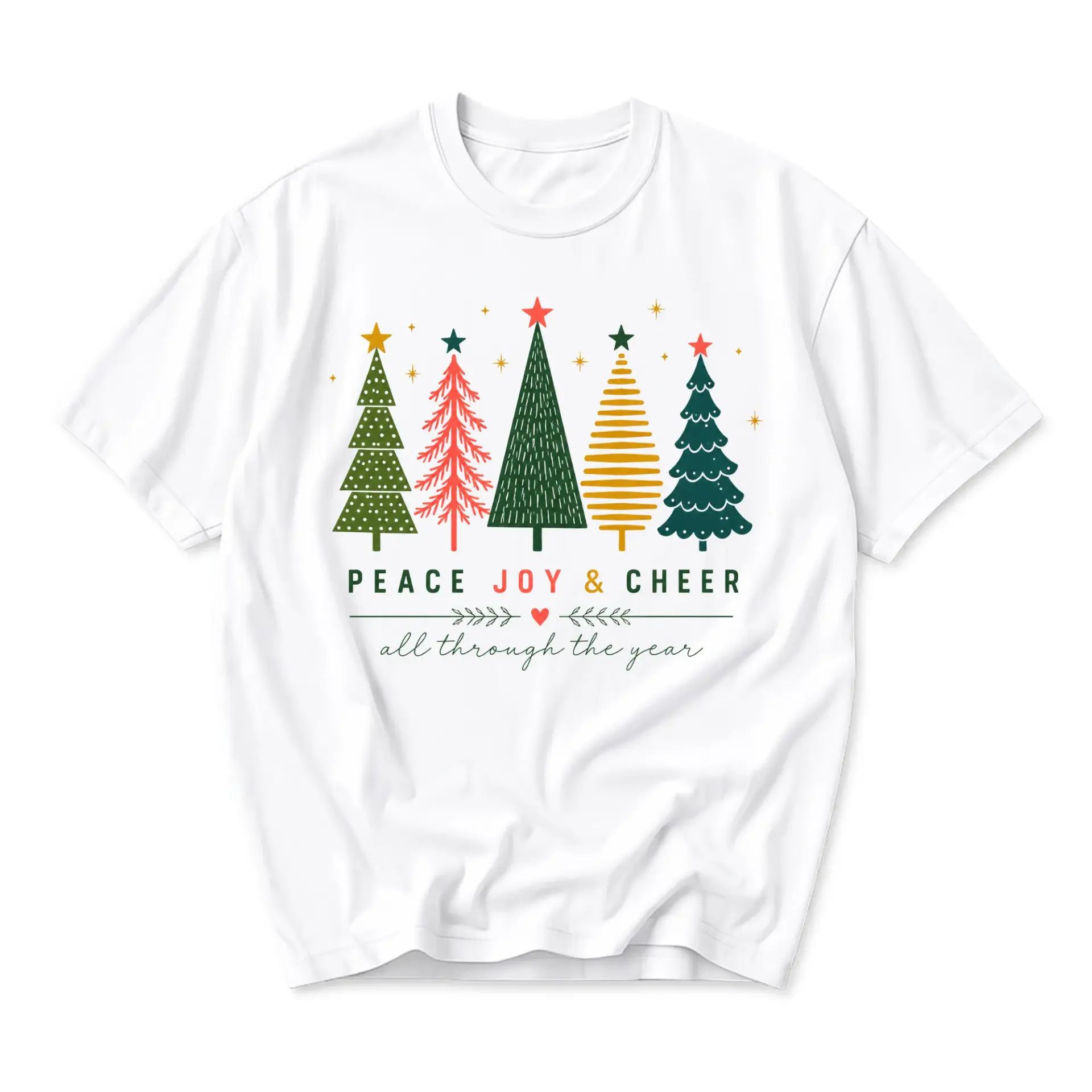 Graphic Tee Christmas Trees Peace Joy and Cheer Apparel Unisex Cotton Crew Neck Short Sleeve Casual Holiday Shirt
