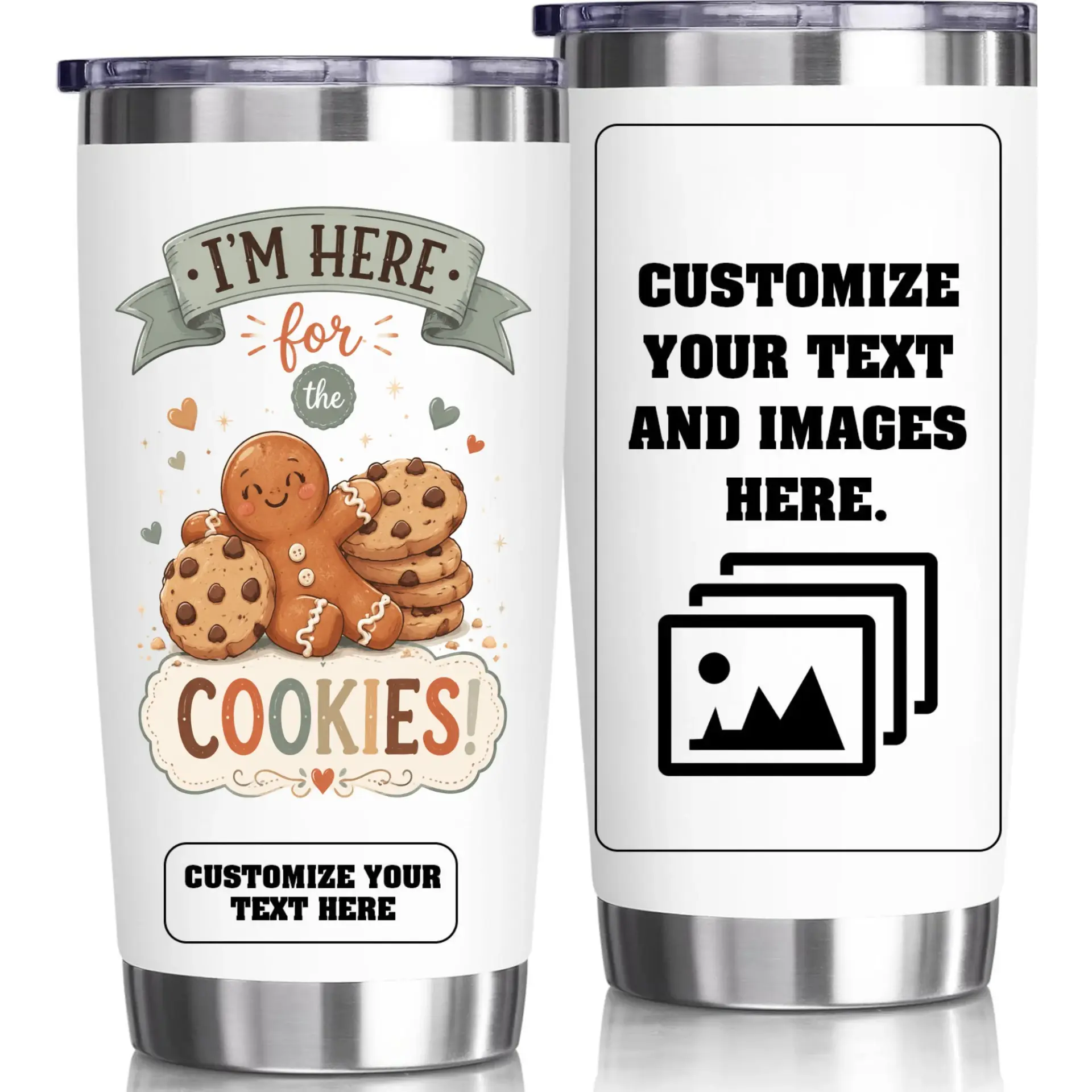 Stainless Steel Tumbler 20oz Holiday Gingerbread Cookie Theme Personalized Insulated Travel Cup with Sliding Lid