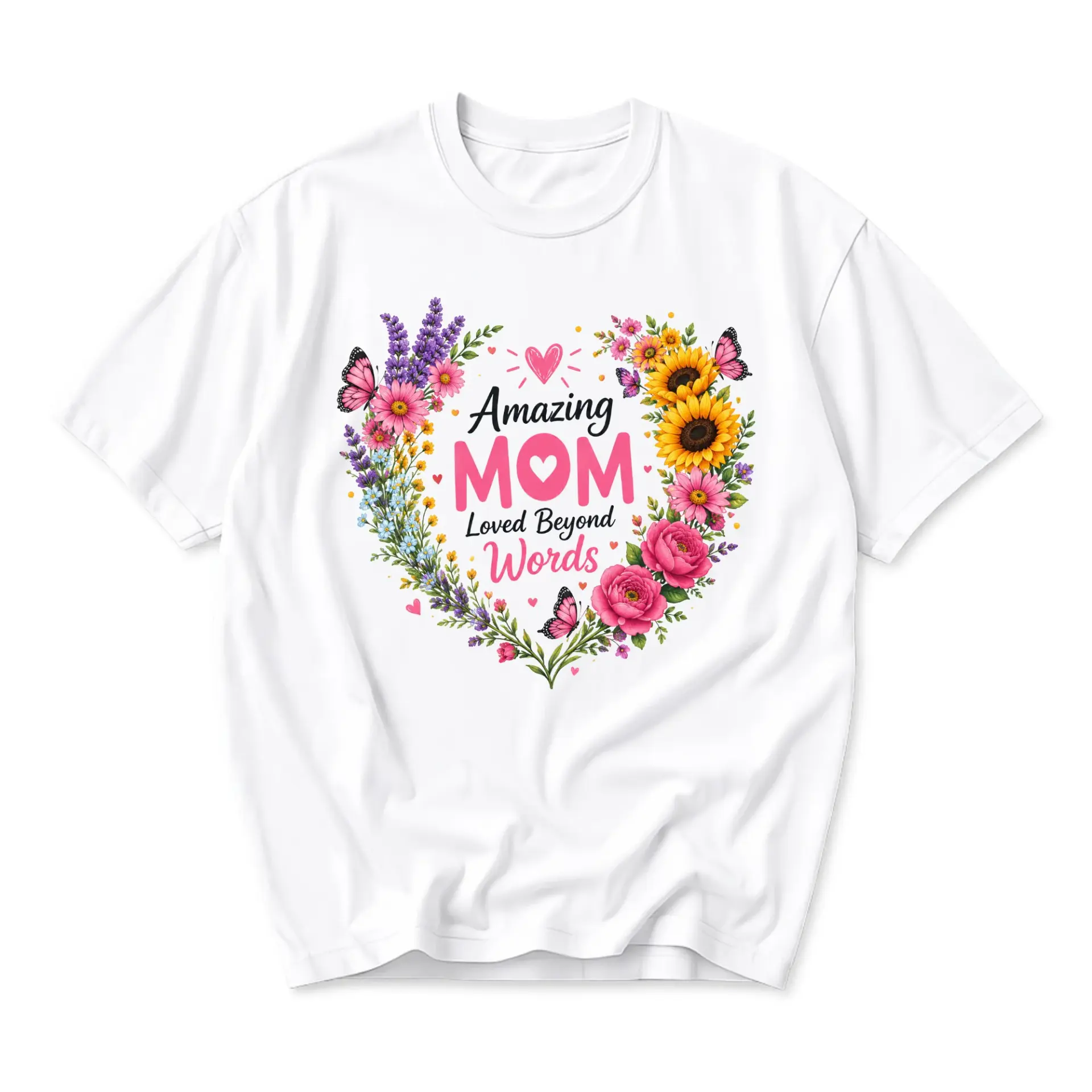 T-shirt Amazing Mom Loved Beyond Words Floral Graphic Print Casual Everyday Apparel for Women Floral Heart Design Tee