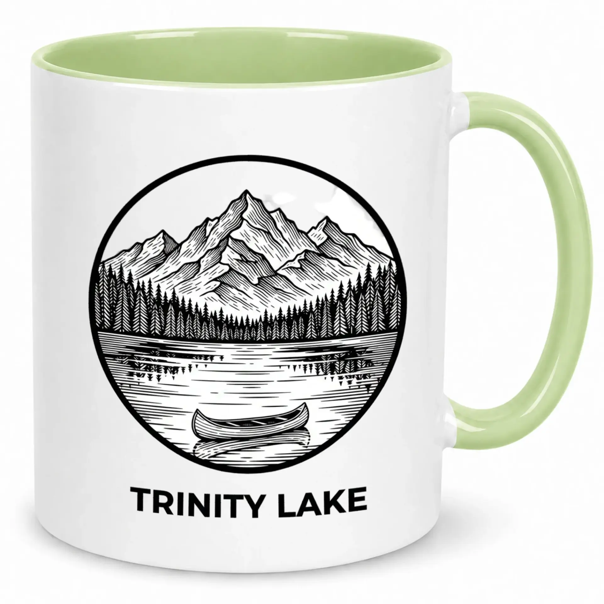 Trinity Lake Mountain Forest Ceramic Coffee Mug, Scenic Outdoors Nature Landscape Canoe Themed Drinkware, Adventure Beverage Cup