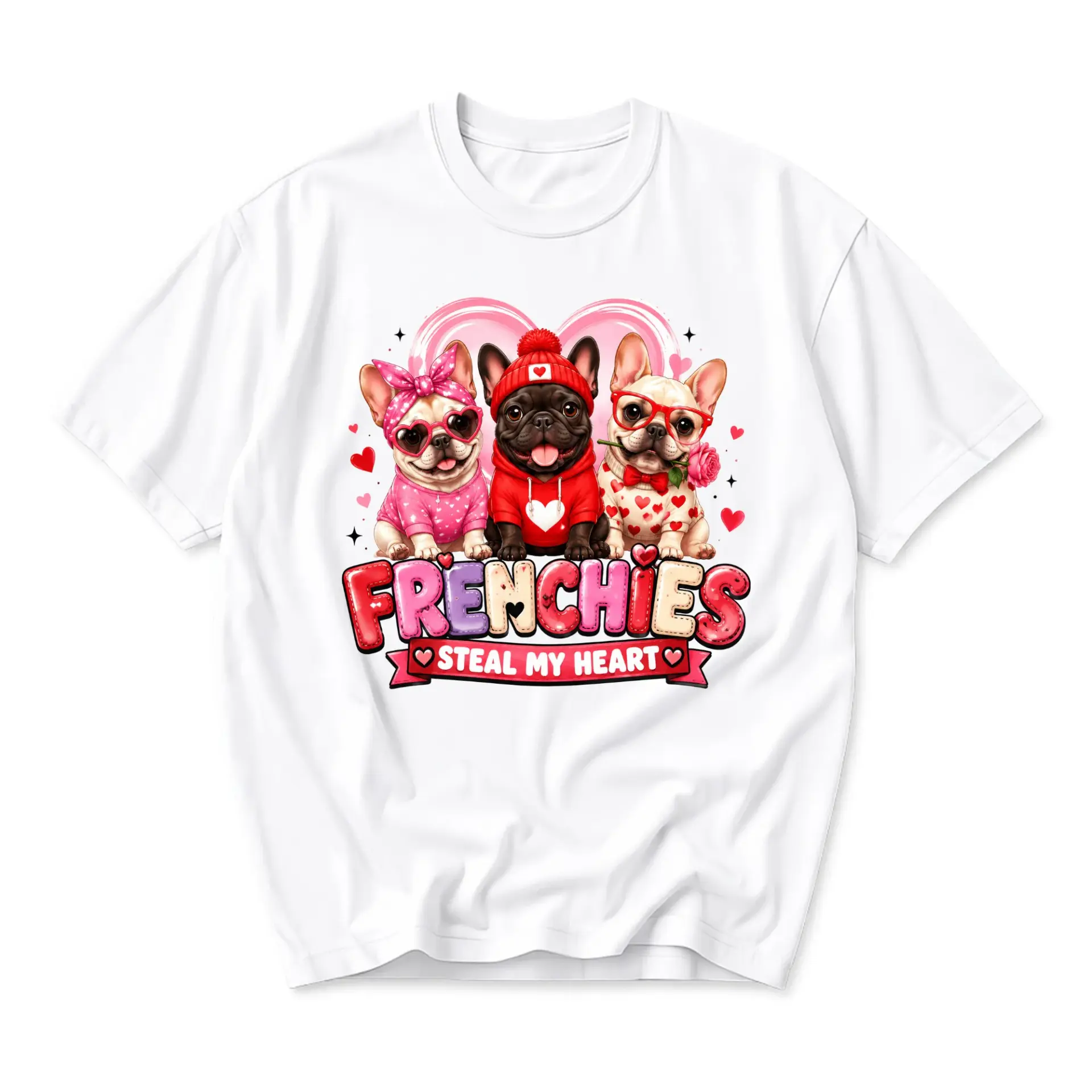 Funny Shirt Frenchies Steal My Heart Graphic Tee Cute Dog Print Unisex Crew Neck Casual Everyday Wear Soft Cotton Top