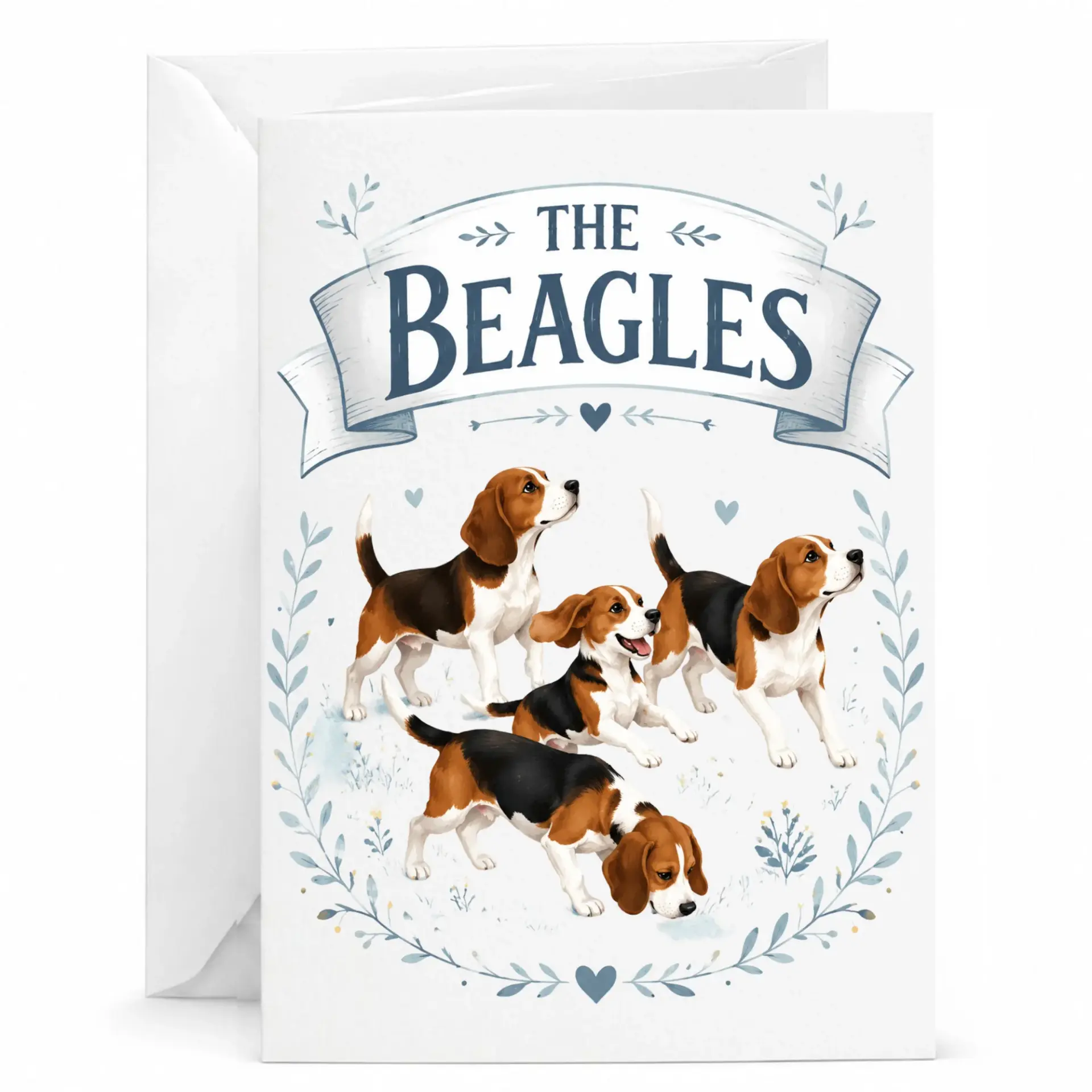Greeting Card the Beagles Illustration Featuring Four Playful Beagle Dogs in a Charming Botanical Wreath Design
