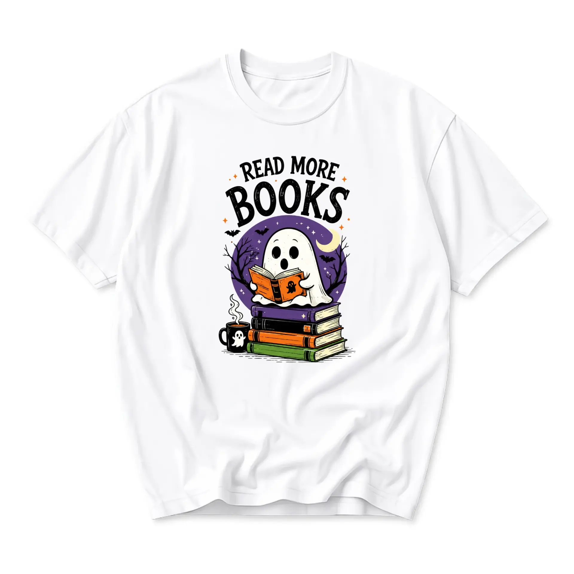 Graphic Tee Read More Books Ghost Reading T-Shirt Funny Unisex Casual Everyday Apparel for Book Lovers and Readers