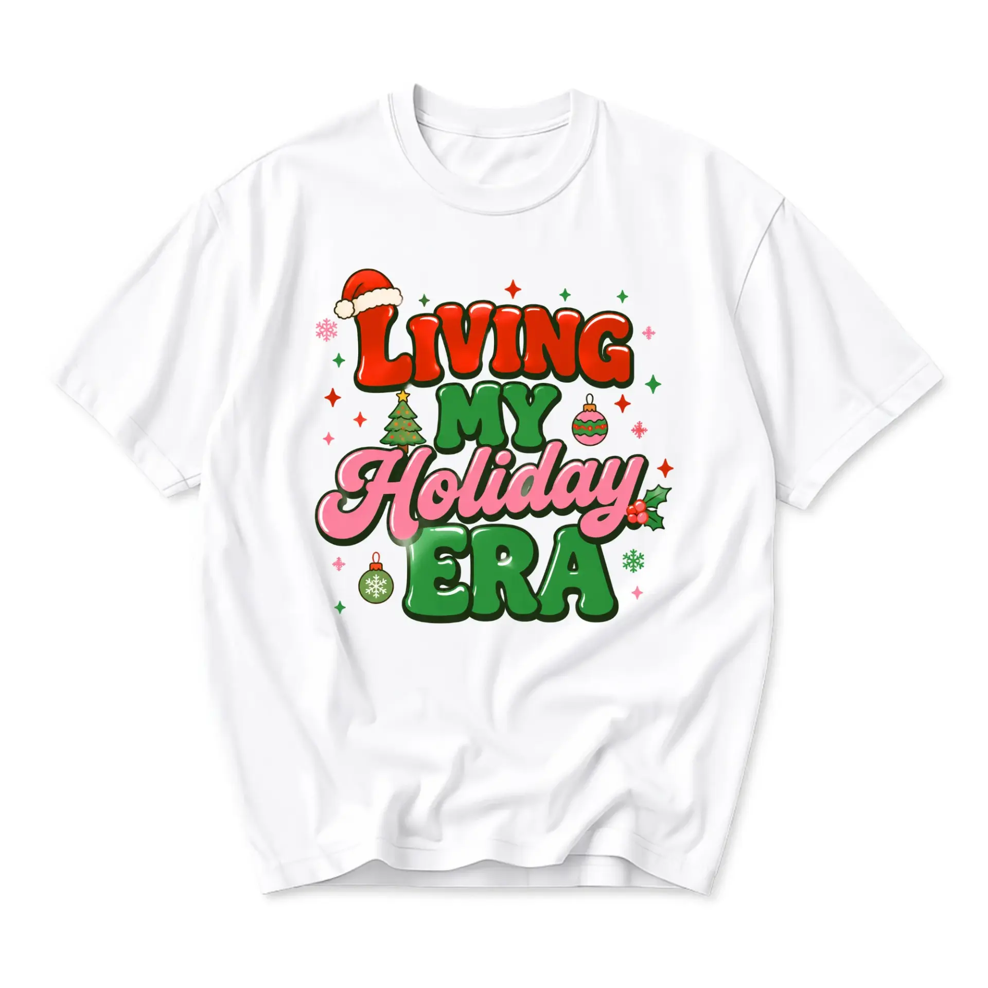 Funny Shirt Living My Holiday Era Graphic Tee Festive Christmas Retro Style Unisex Crew Neck Casual Cotton Top