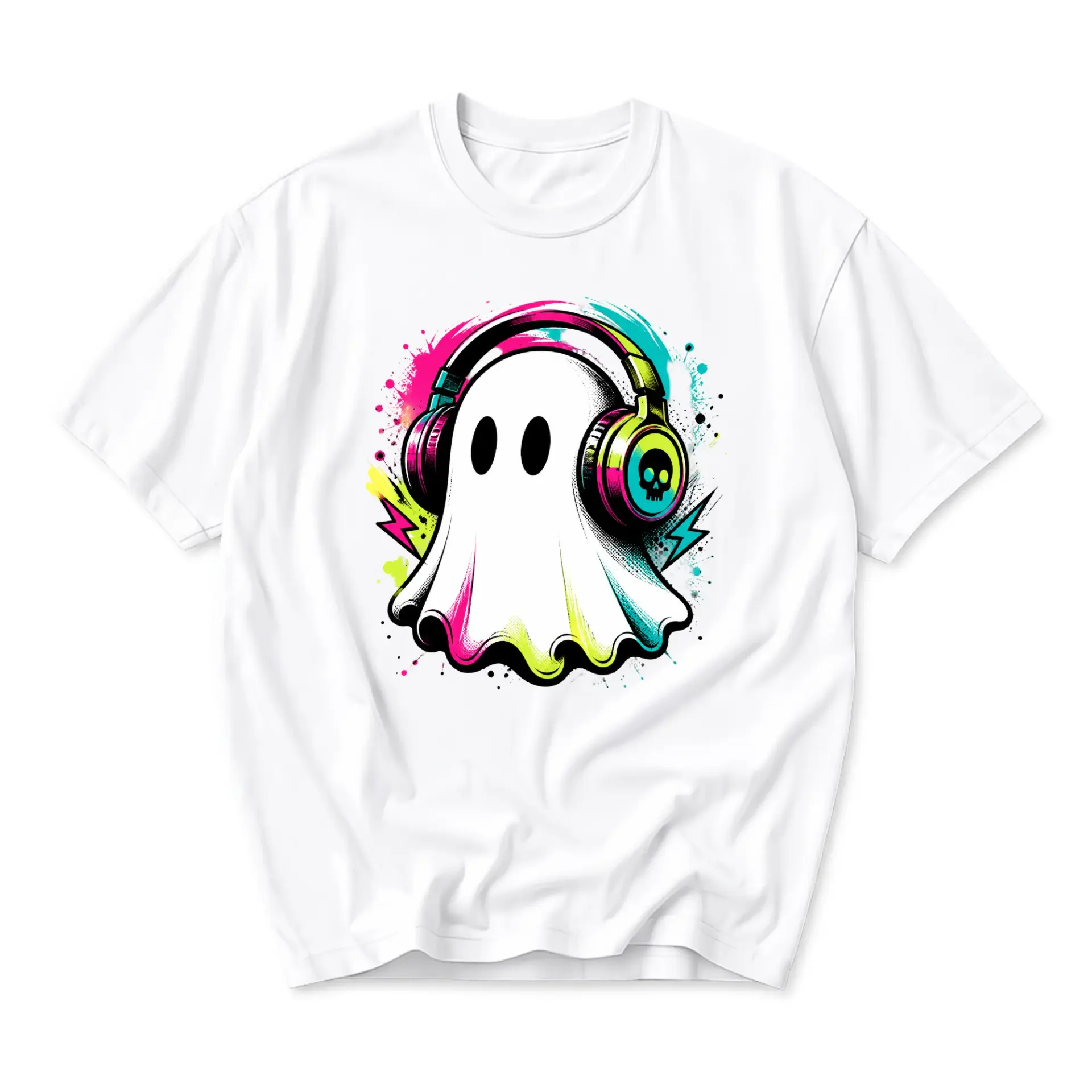 Graphic Tee Ghost with Headphones Vibrant Neon Splatter Art Unisex Crew Neck Casual Short Sleeve Summer Shirt