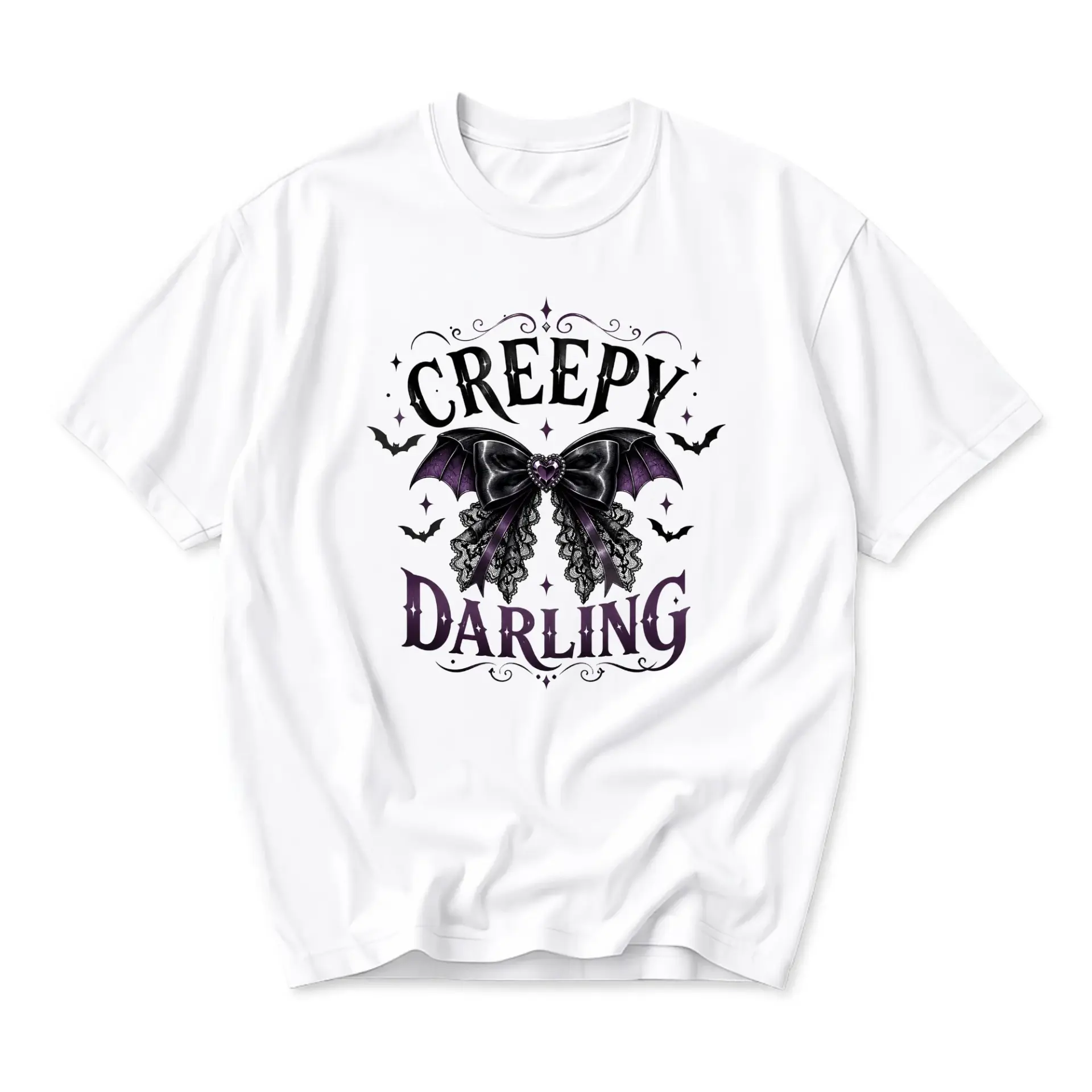 Graphic Tee Creepy Darling Bat Bow Aesthetic Gothic Illustration Print Unisex Casual Crew Neck Soft Cotton Shirt