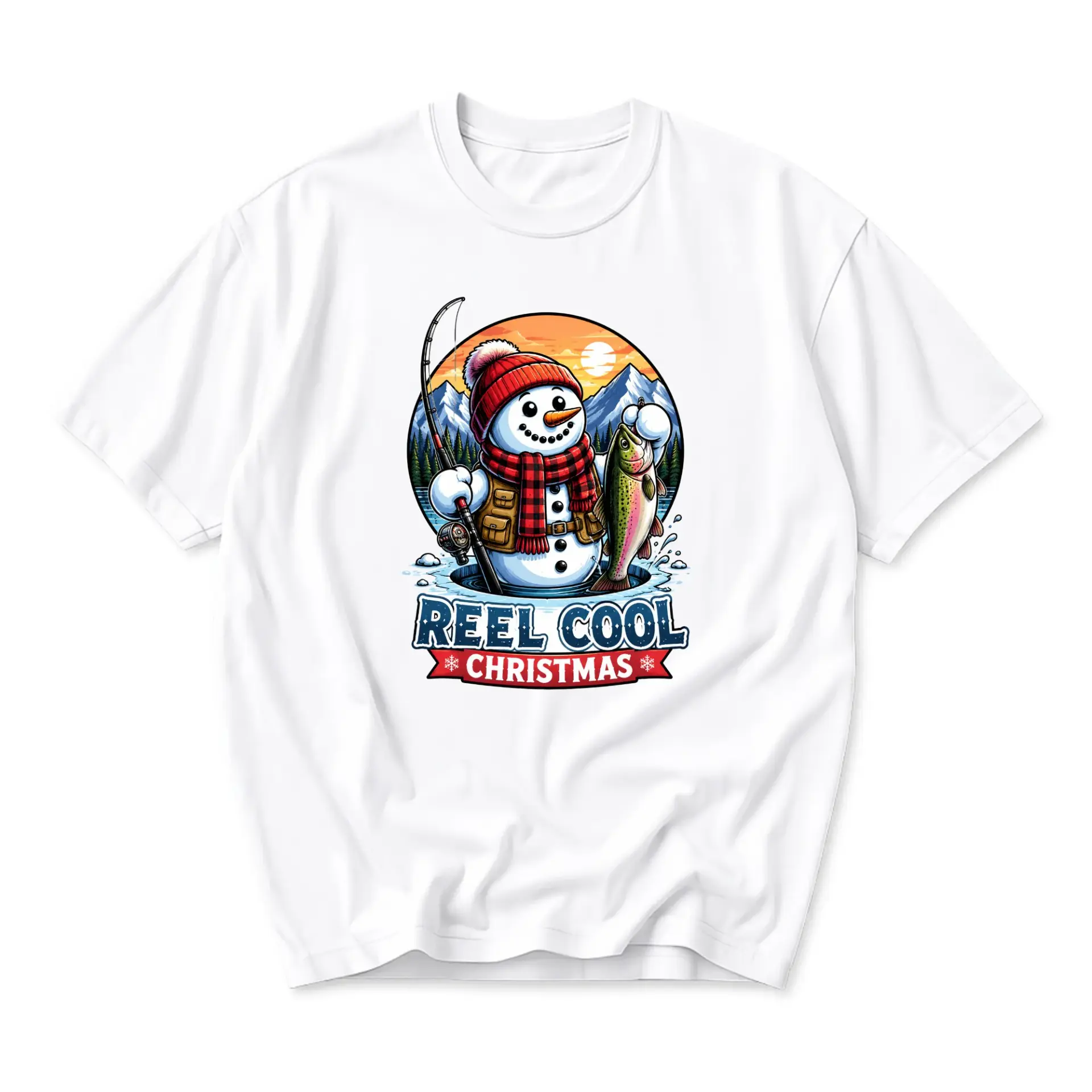 Funny Shirt Reel Cool Christmas Graphic Tee Featuring Fishing Snowman Illustration on Comfortable Unisex Crewneck