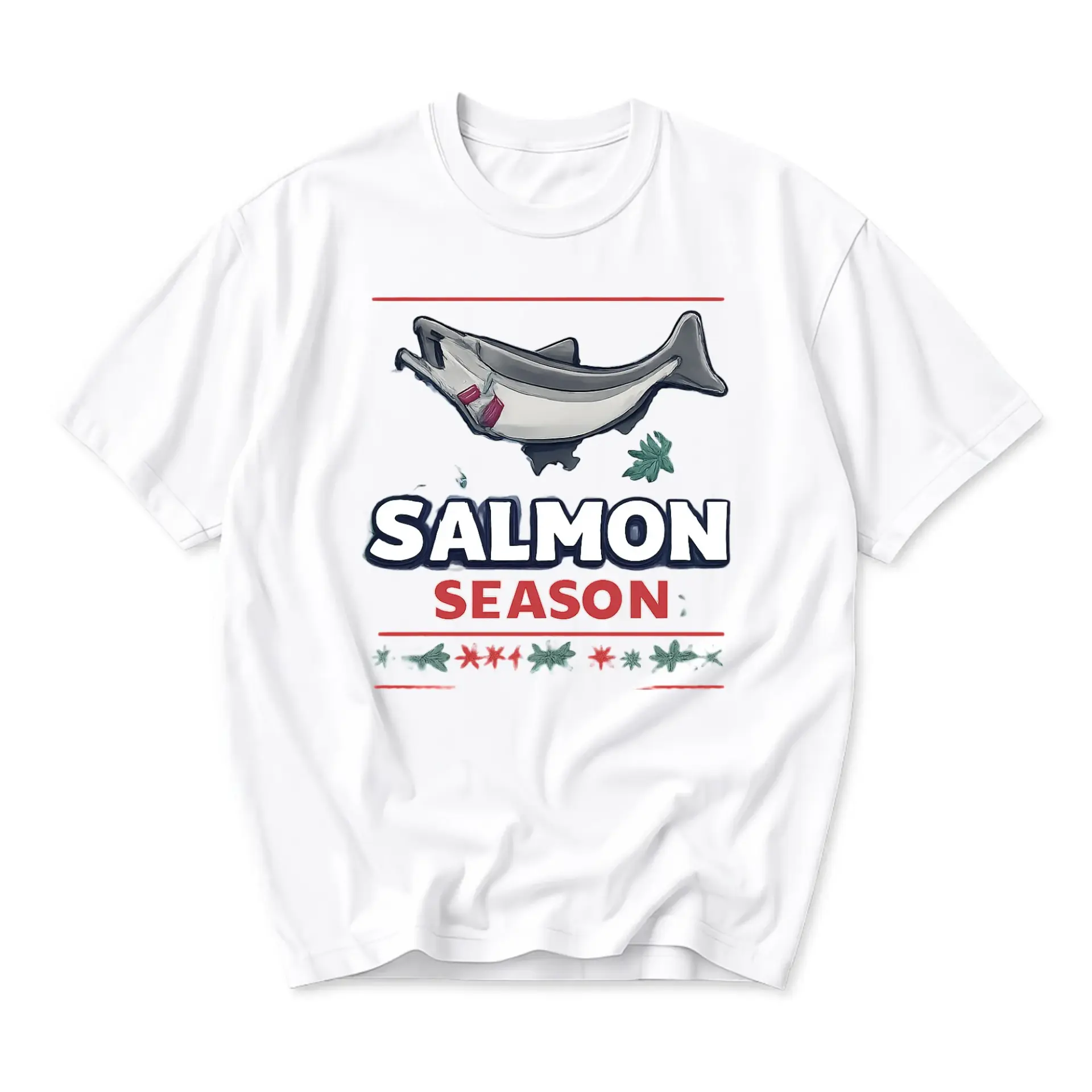 Funny Shirt Salmon Season Fishing Graphic Tee Unisex Cotton Crew Neck Casual Top for Lovers and Anglers White