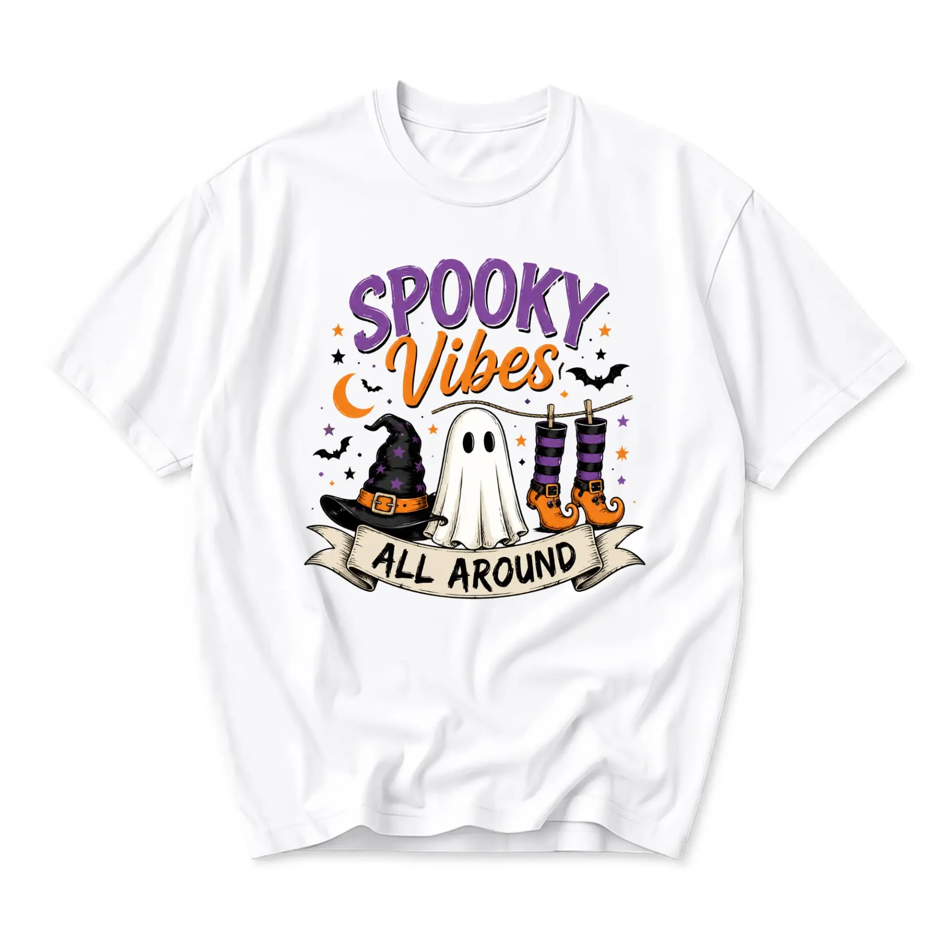 Funny Shirt Spooky Vibes All Around Graphic Tee Casual Unisex Crew Neck Seasonal Holiday Apparel White Cotton Top