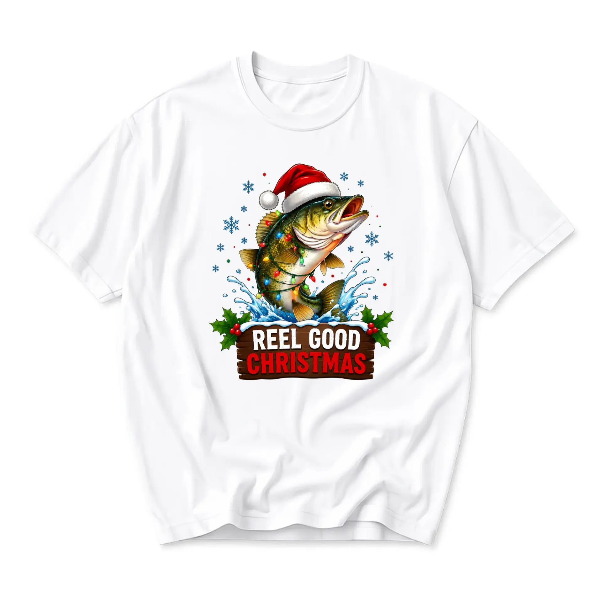 Funny Shirt Reel Good Christmas Graphic Tee Unisex Holiday Fishing Themed Crew Neck Short Sleeve Casual Apparel