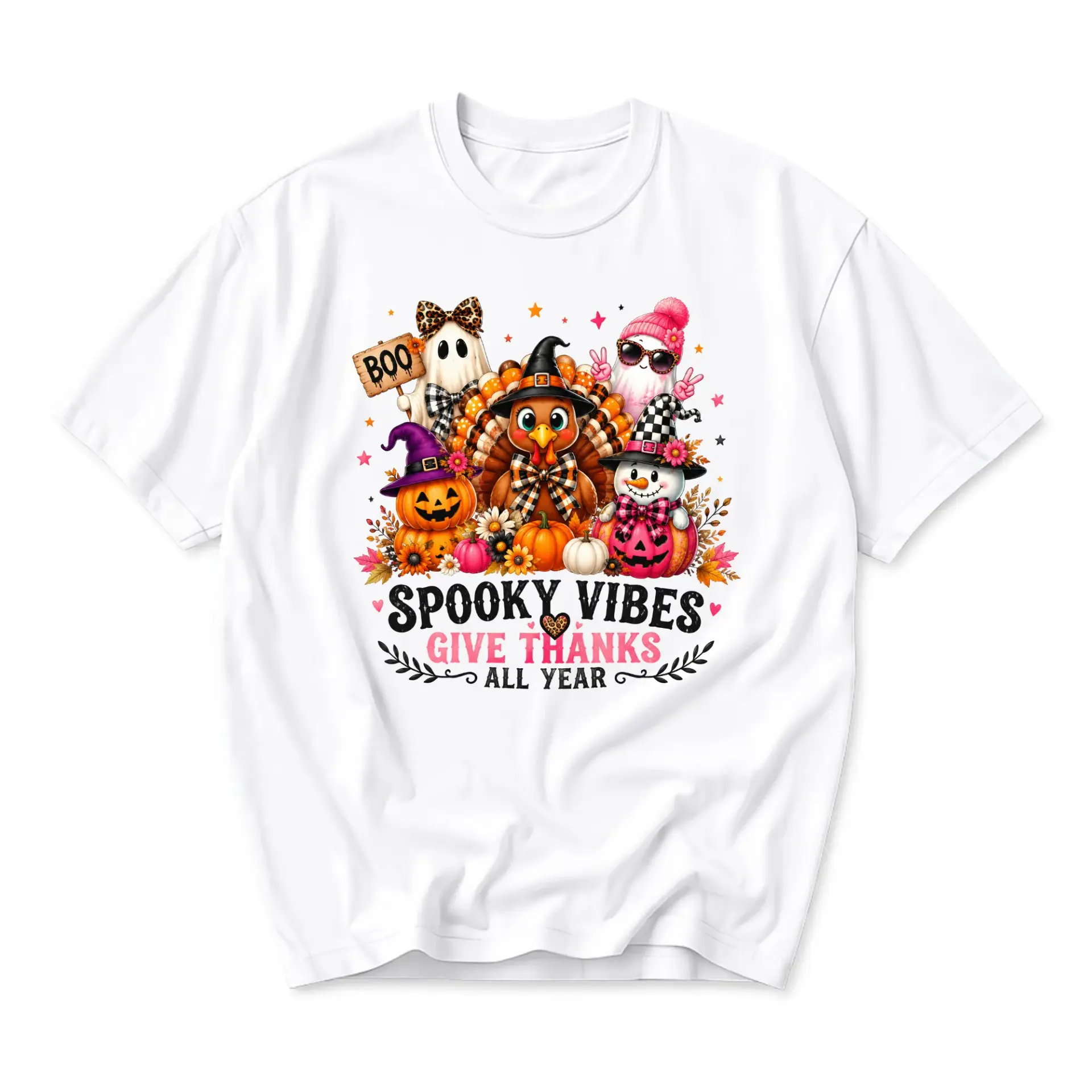 Graphic Tee Spooky Vibes Give Thanks All Year Shirt Seasonal Holiday Theme Unisex Crew Neck Casual Cotton Top