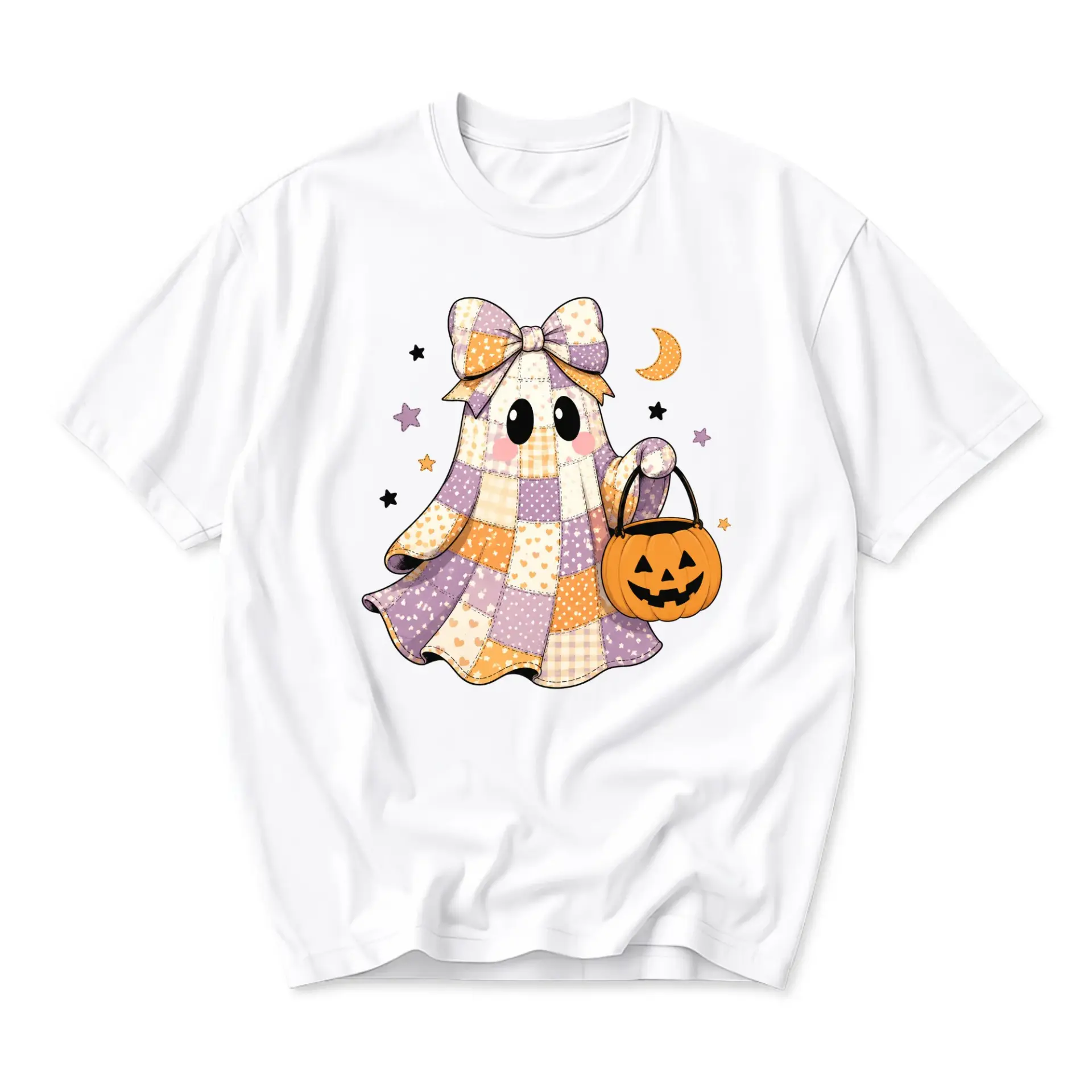 Graphic Tee Cute Quilted Ghost Print Unisex Casual Crew Neck T-Shirt Soft Breathable Everyday Apparel for Autumn
