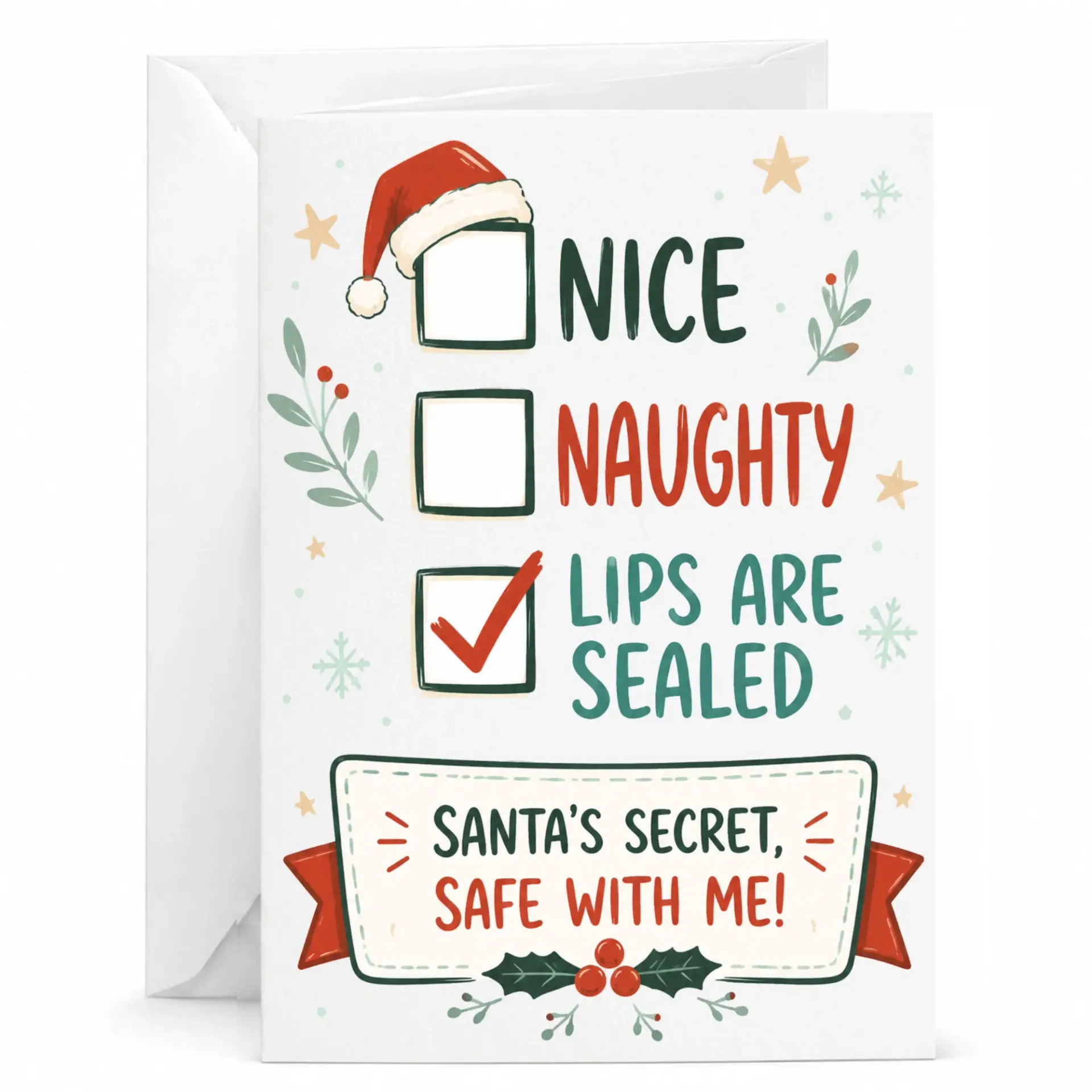 Funny Holiday Greeting Card, Christmas Santa Check List Card with Envelope for Friends and Family Seasonal Note