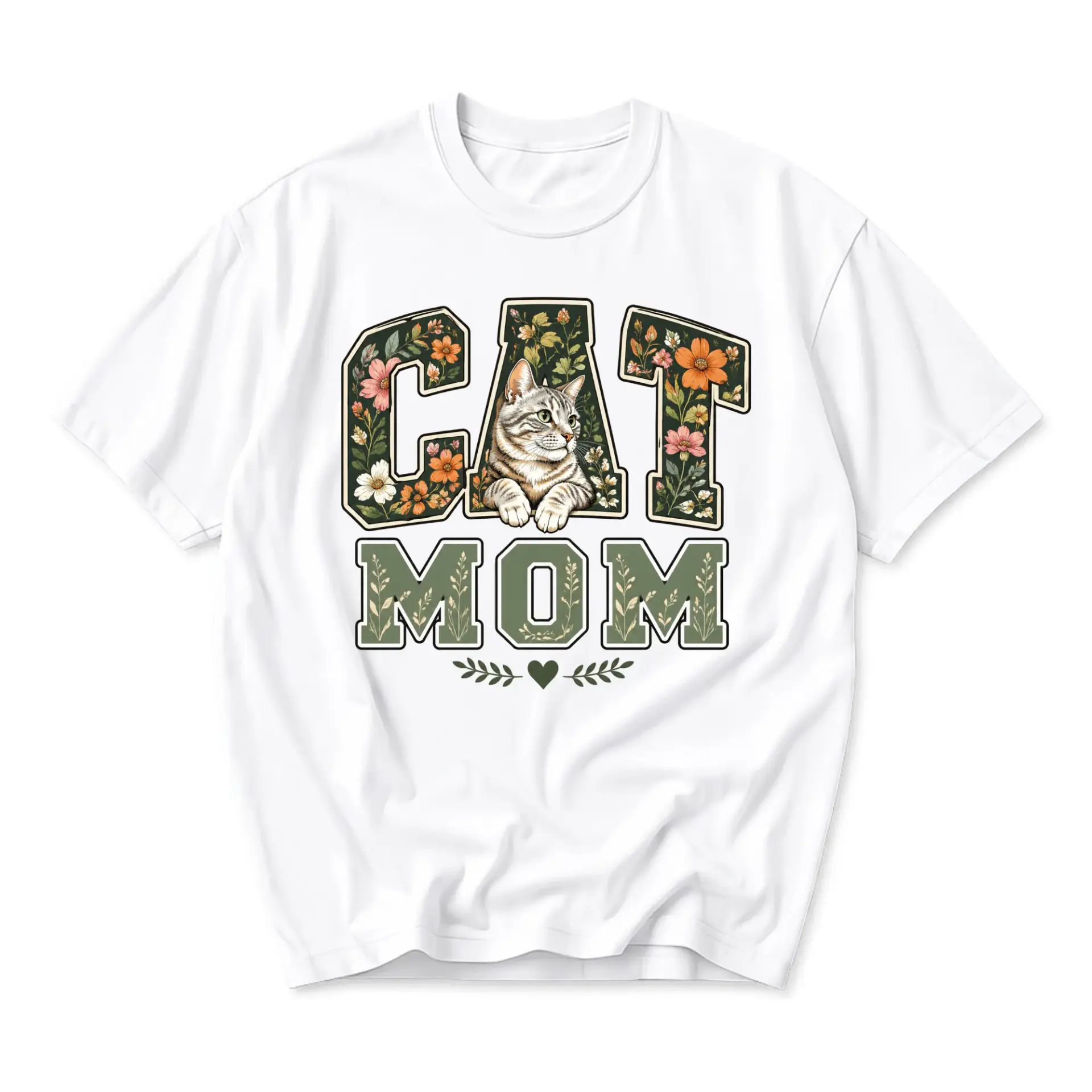 Graphic Tee Cat Mom Shirt Floral Botanical Lettering Design Casual Cotton