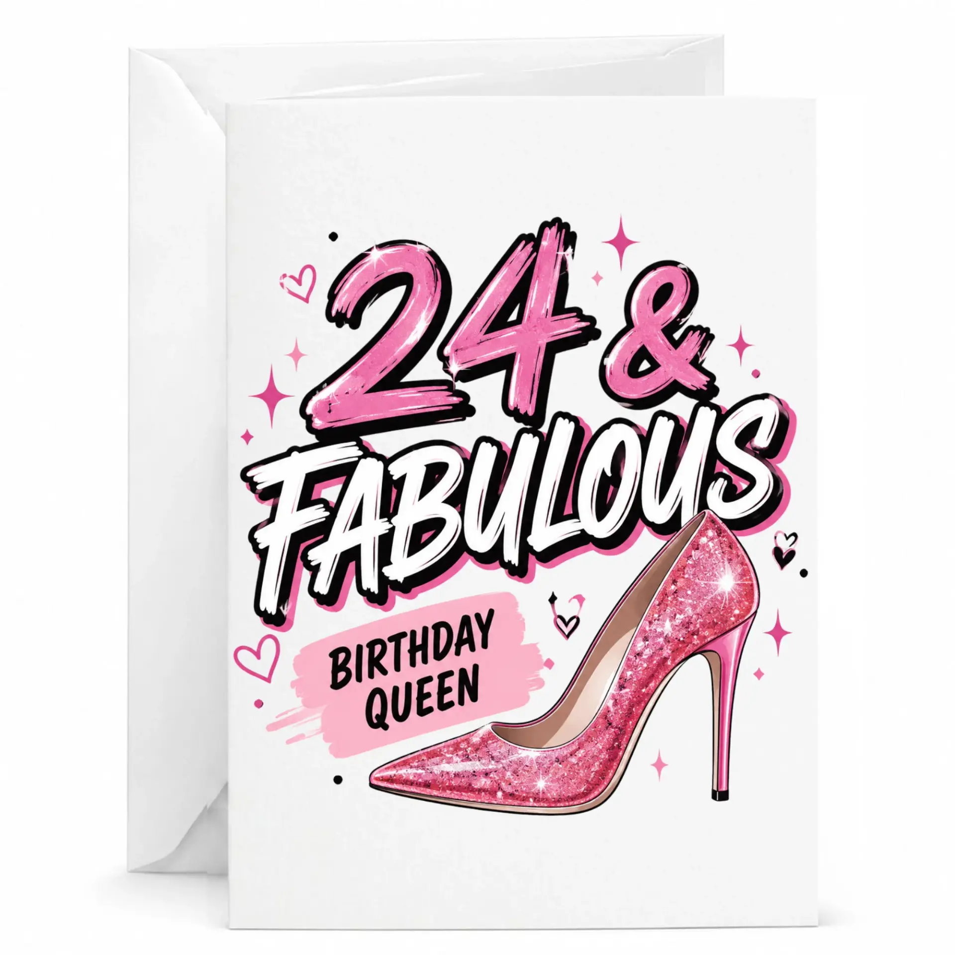 Birthday Card 24 & Fabulous Birthday Queen Greeting Card with Pink High Heel Design for Special Milestone Celebration