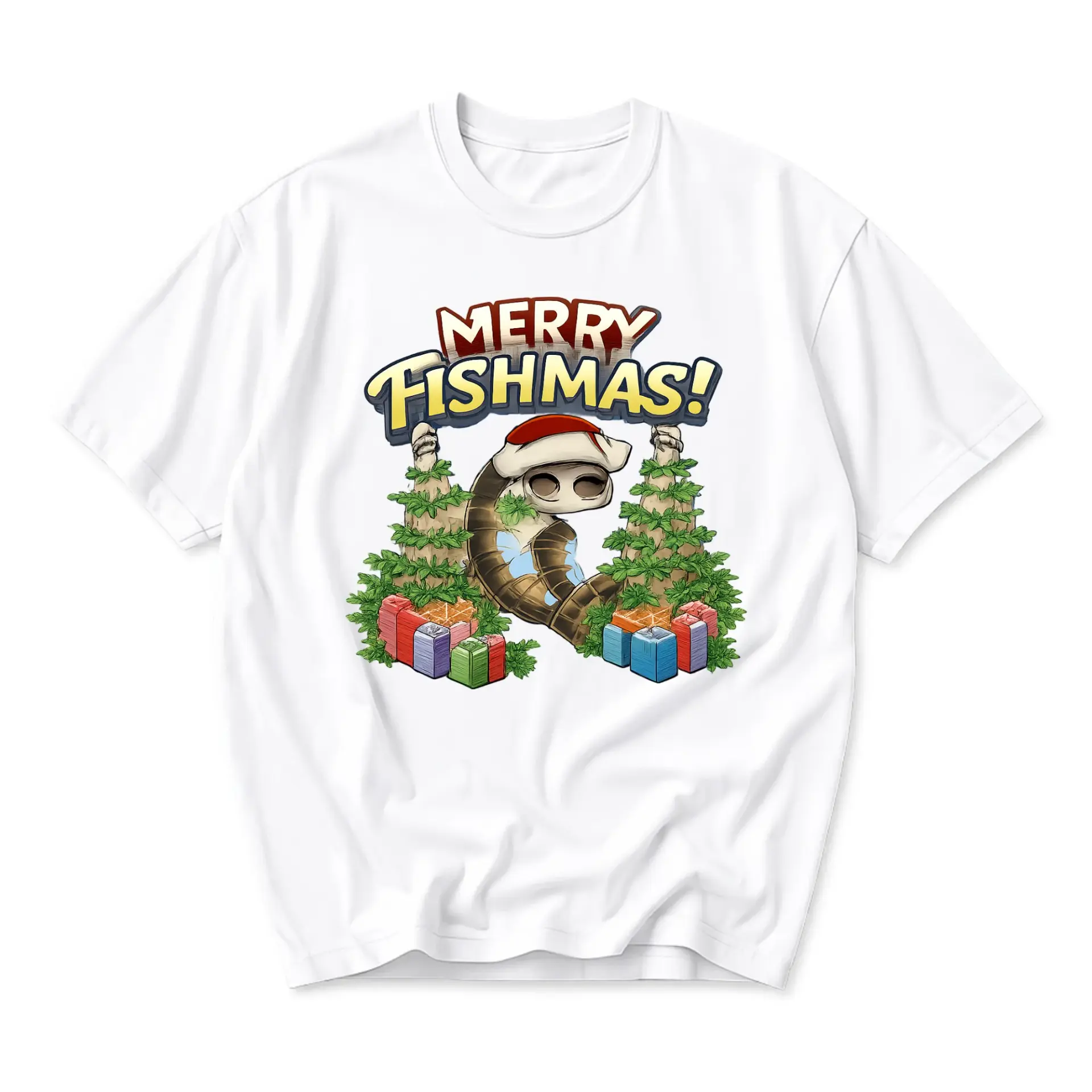 Funny Shirt Merry Fishmas Holiday Graphic Tee Unisex Short Sleeve Crew Neck Seasonal Gift Apparel for Fishing Enthusiasts