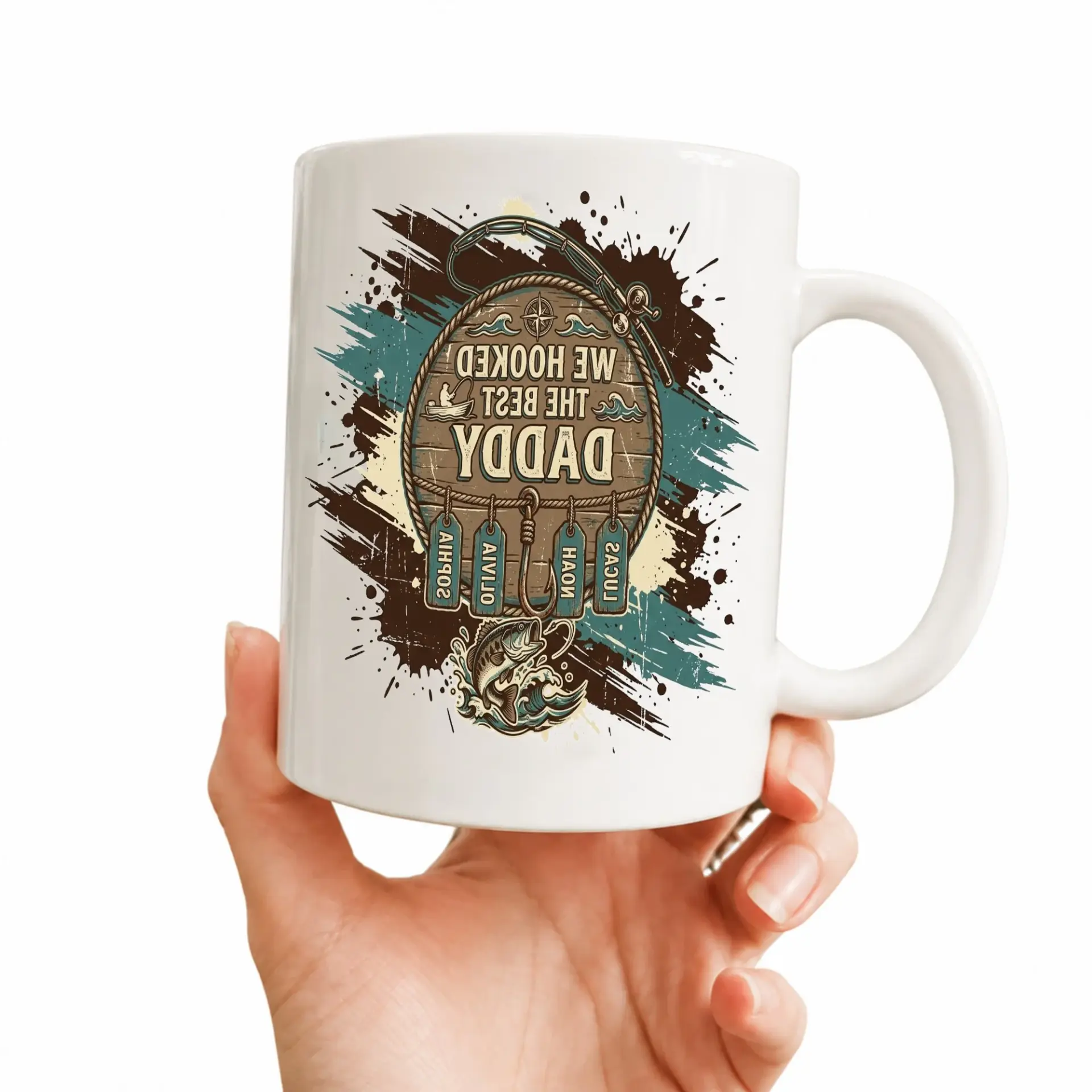 Personalized Fishing Theme Ceramic Coffee Mug for Dad Featuring Custom Names and Outdoor Adventure Graphic Design Style