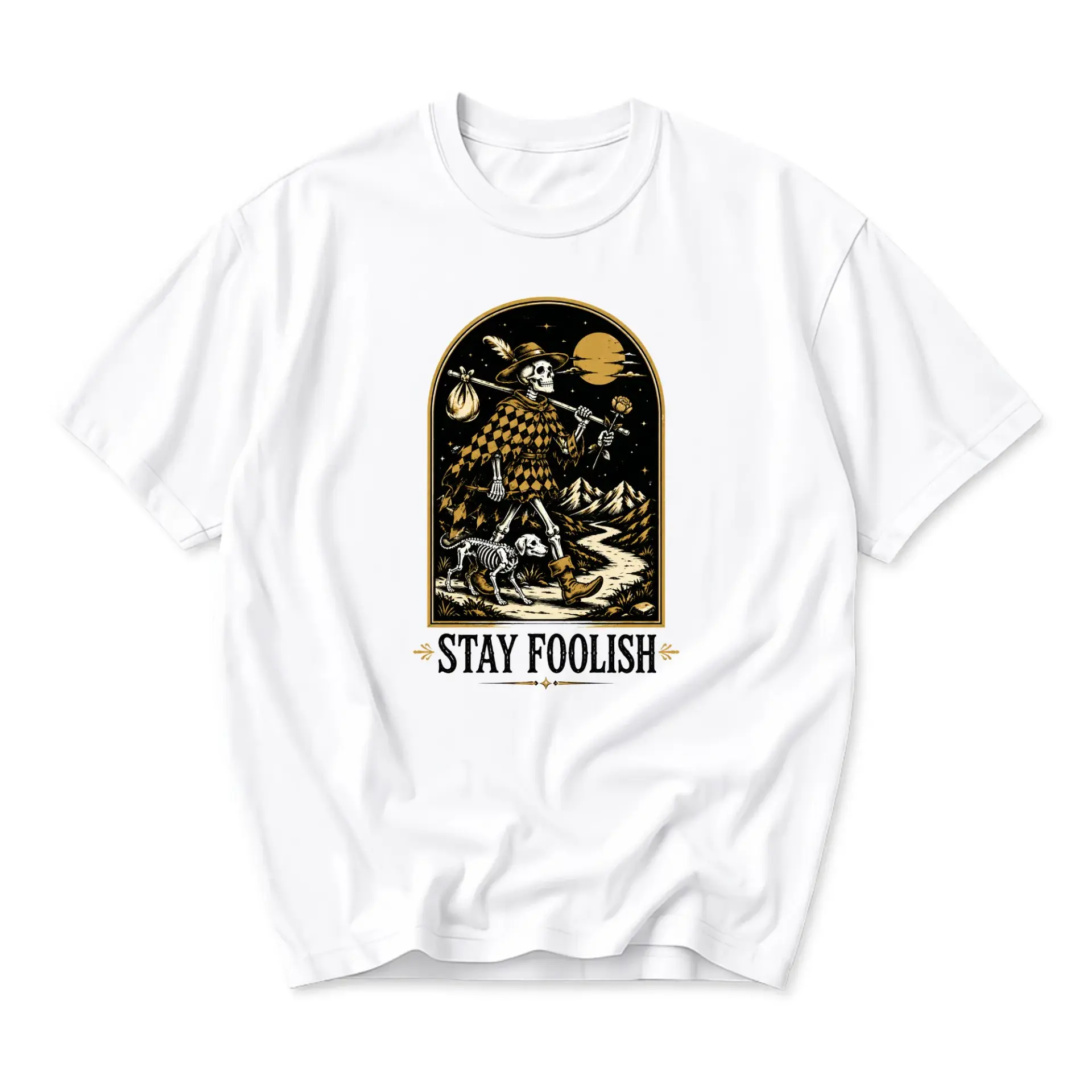 Graphic Tee Stay Foolish Skeleton Jester Illustration Unisex Casual Short Sleeve Crew Neck Shirt Soft Cotton Top